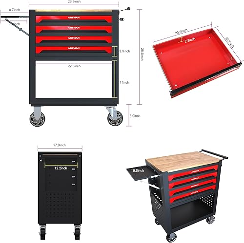 Miniatura 7 de Carrito de herramientas rodante, caja de herramientas de alta capacidad de 4 cajones, organizador de almacenamiento de herramientas con cerradura