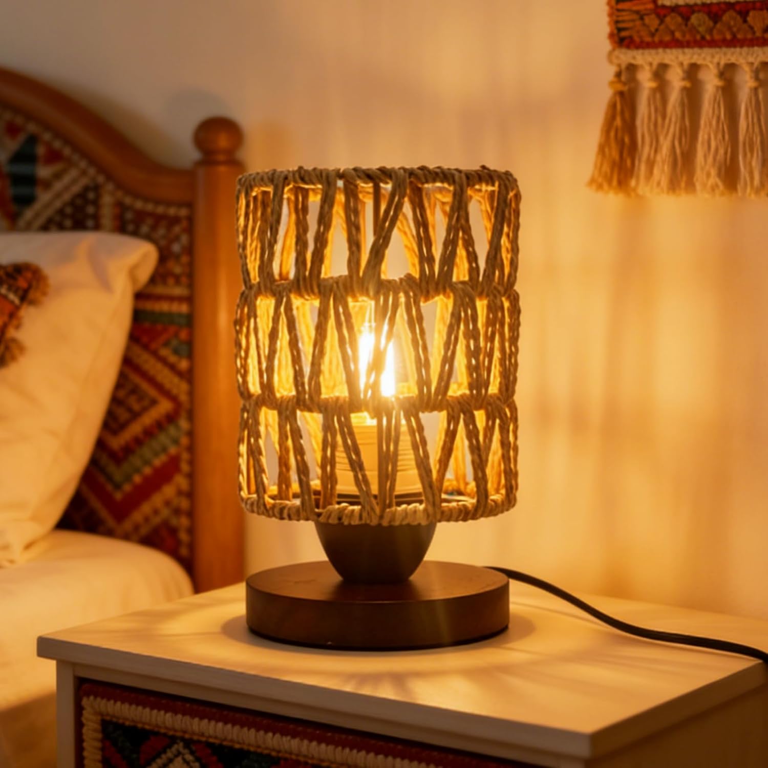 Boho Rattan Table Lamp, Bedroom Bedside Small Lamps with Warm White LED Bulb, Vintage Wooden Nightstand Nightlight, Rustic Handmade Woven End Desk Lamps for Bedroom Living Room Study Kids Room