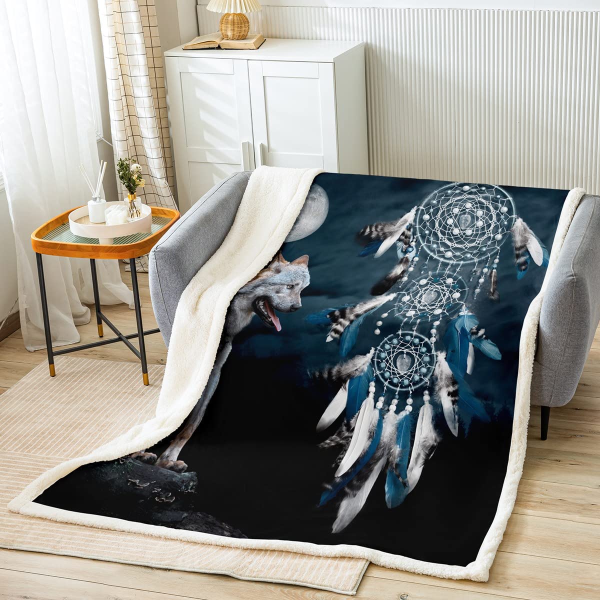 Dreamcatcher Coperta In Pile Bohémien Con Lupo E Acchiappasogni – Microfibra Morbida, Stile Tribale Indiano, Per Divano/Letto, 76x101 Cm (Bambino) - 2