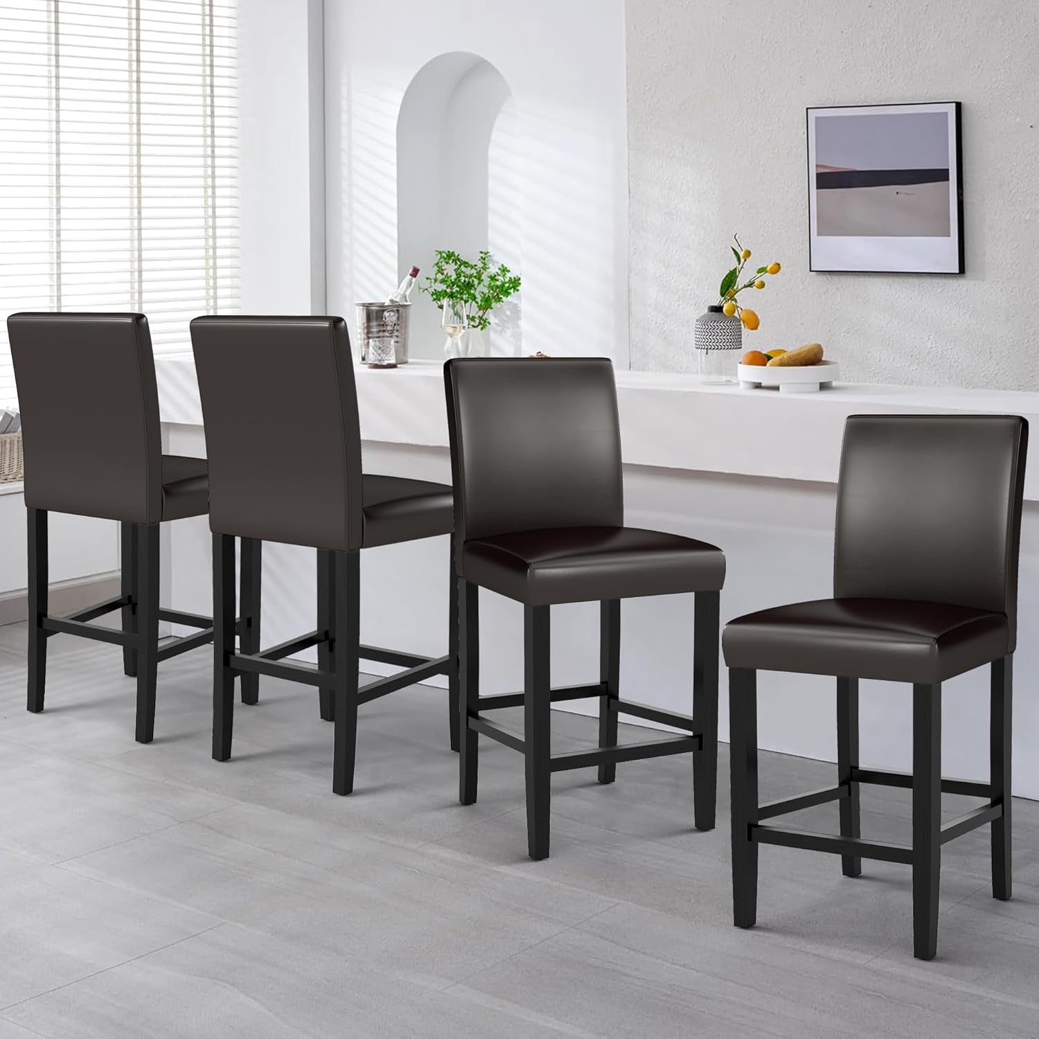 LSSPAID Counter Height Bar Stools Set of 4, 24.8 Inch Upholstered PU Leather Barstools, Modern Kitchen Island Chairs with Backrest and Solid Wood Legs, Dark Brown