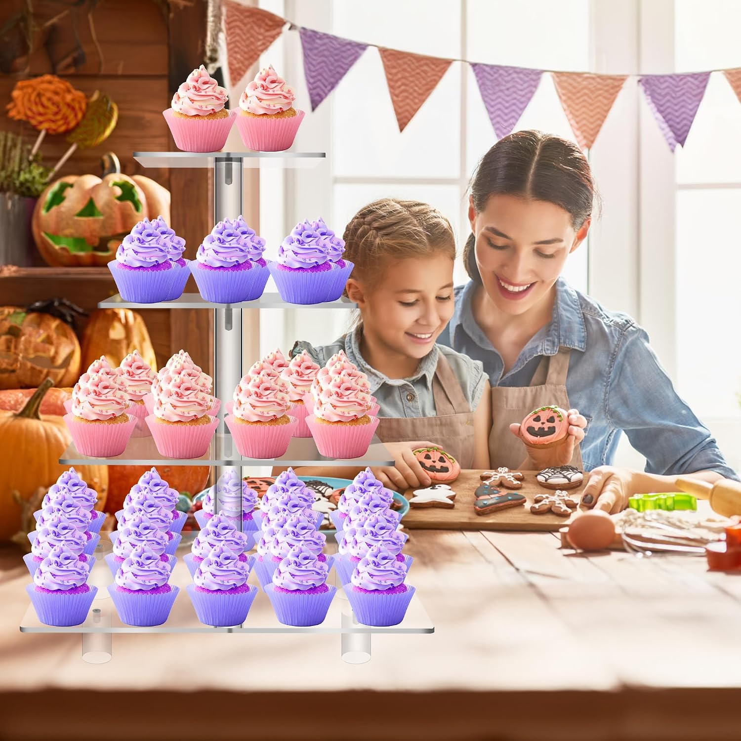 Jusalpha® 4 nivel Plaza acrílico Magdalena torre soporte pastel postre Stand Soporte-Cupcake porta-pastelería servir plato-Magdalena torre para boda Supply(4 Tier With Rod Feet)