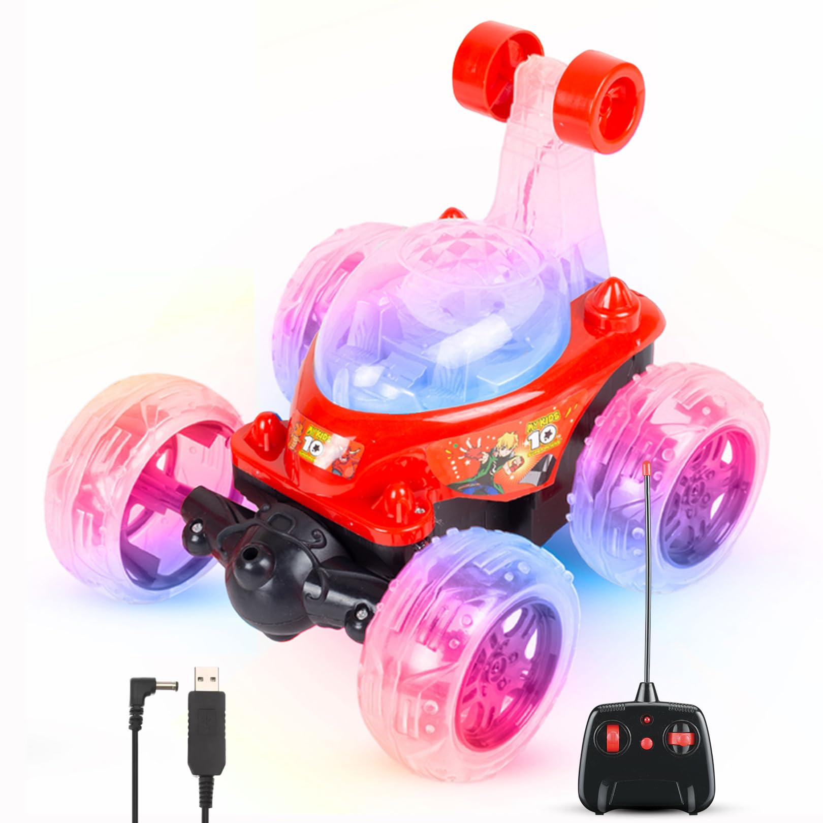 Gooyo9802 Rotating Rolling Rechargeable Car Toy Comes with USB Charging Cable,Power Source: Lithium Rechargeable Battery for Car(Included)&2Xaa Battery for Remote Controller Not Included, Kid, Red