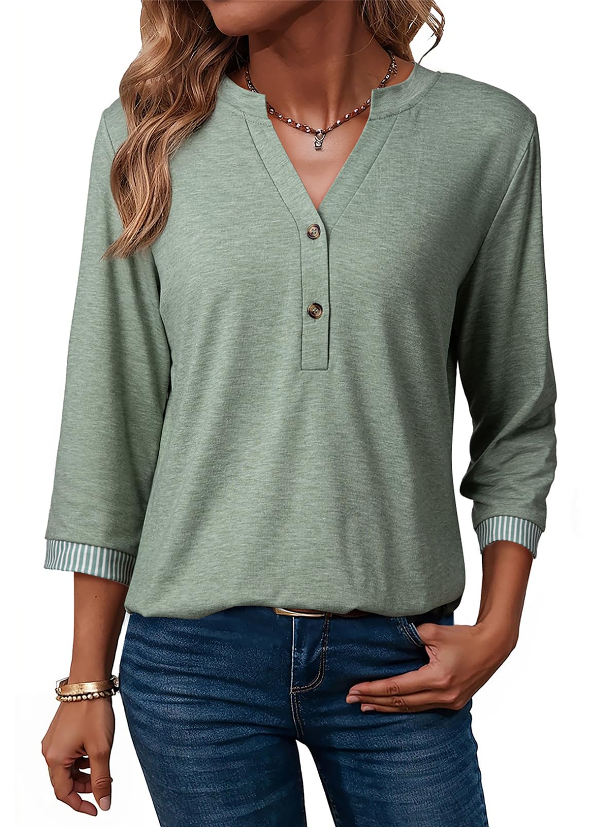 Dokotoo T-Shirt Damen Oberteile V-Ausschnitt 3/4 Ärmel Pullover Blusen Tuniken Oberteil Tshirt Frühling Herbst Locker Lässig Basic Bluse Einfarbig Tunika Tops Blusenshirt T-Shirts S-XXL