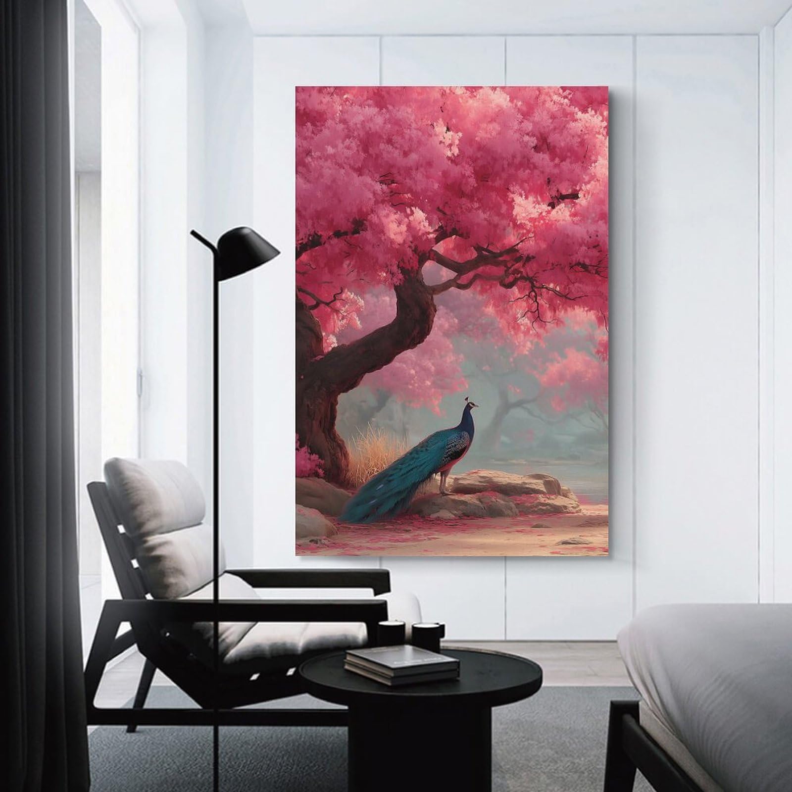 Junmoney Unframe-Style-21 Hanging Wall Art Peacock Under Cherry Blossoms, 12X18inch(30X45cm), For Entryway, Lounge Links Or Small Walls, A Neat Decor Update For Hallways