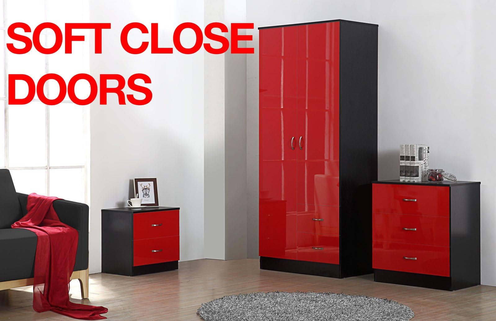 Fairpak Gladini High Gloss 3 Piece DRAWER Bedroom Furniture Set - Includes Wardrobe with drawers, 3 Drawer Chest, Bedside Cabinet (Red/Black)