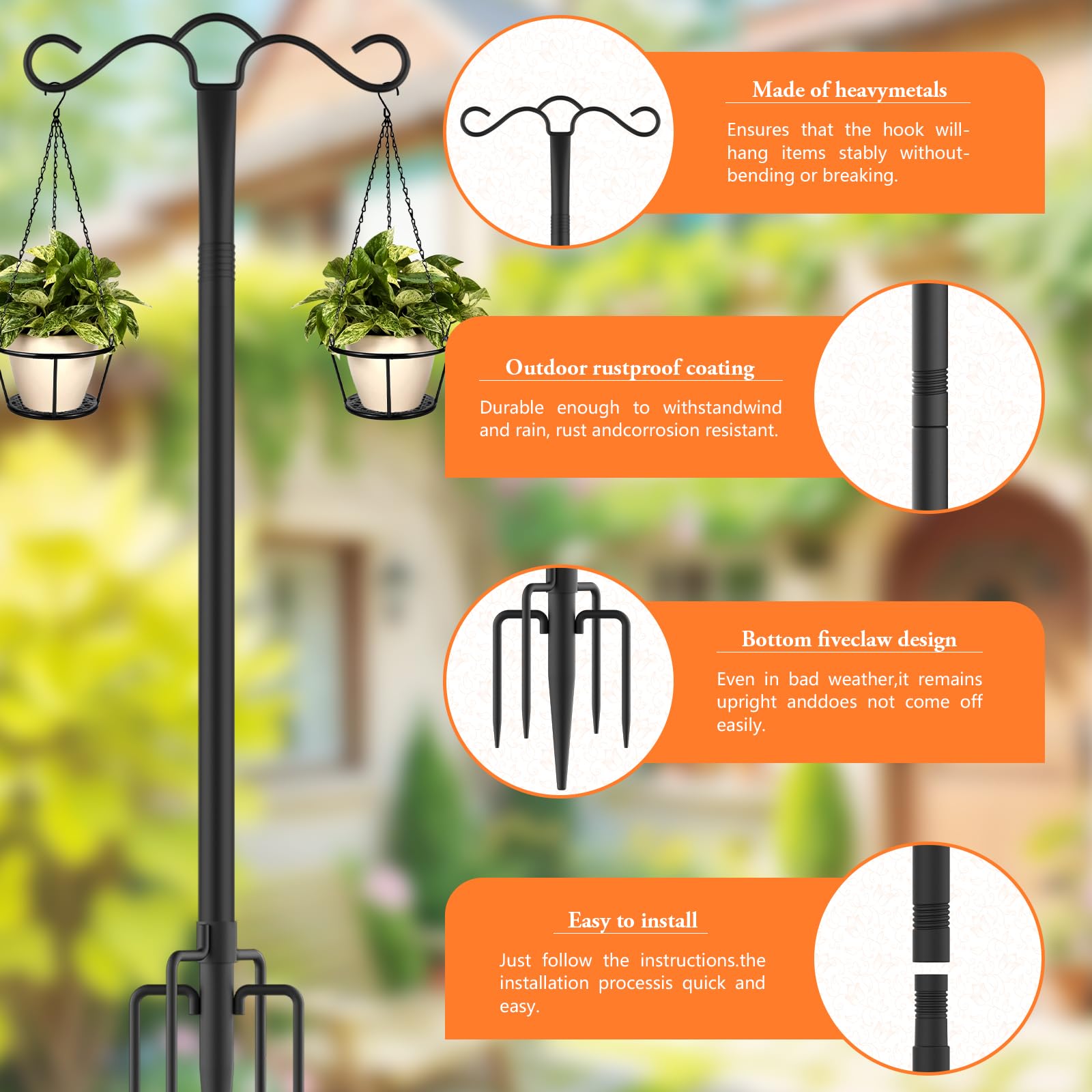 Double Crochet De Berger Lourd Pour L'extérieur : Mât D'alimentation à Oiseaux De Jardin De 274,3 Cm Avec 5 Broches, Support Réglable En Métal Pour Plantes Solaires, Poteau Pour Mangeoire Oiseaux (1