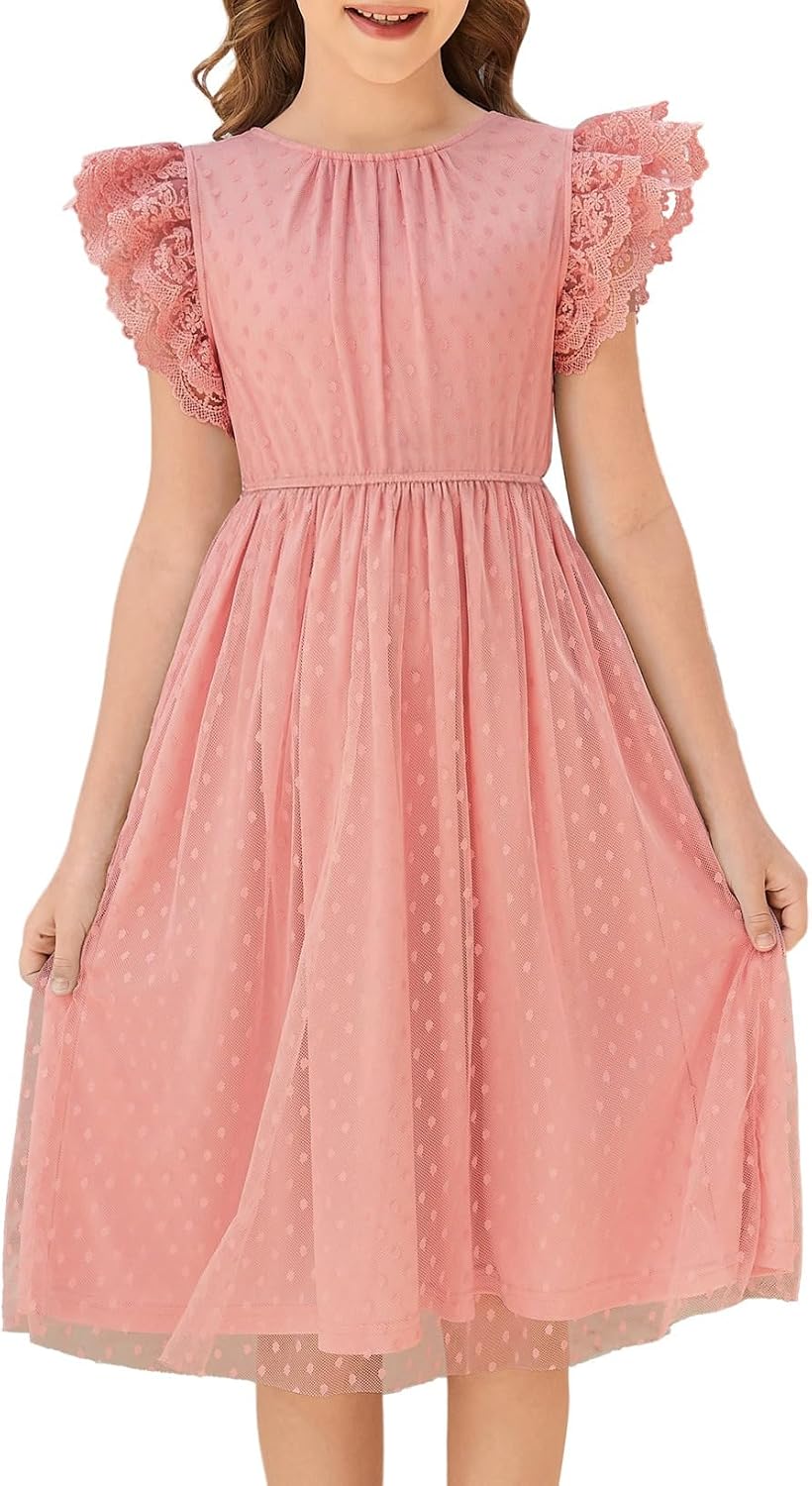 blibean Girls Summer Dress Teen Polka Dots Dual Lace Dresses Size 6-15 Years Old