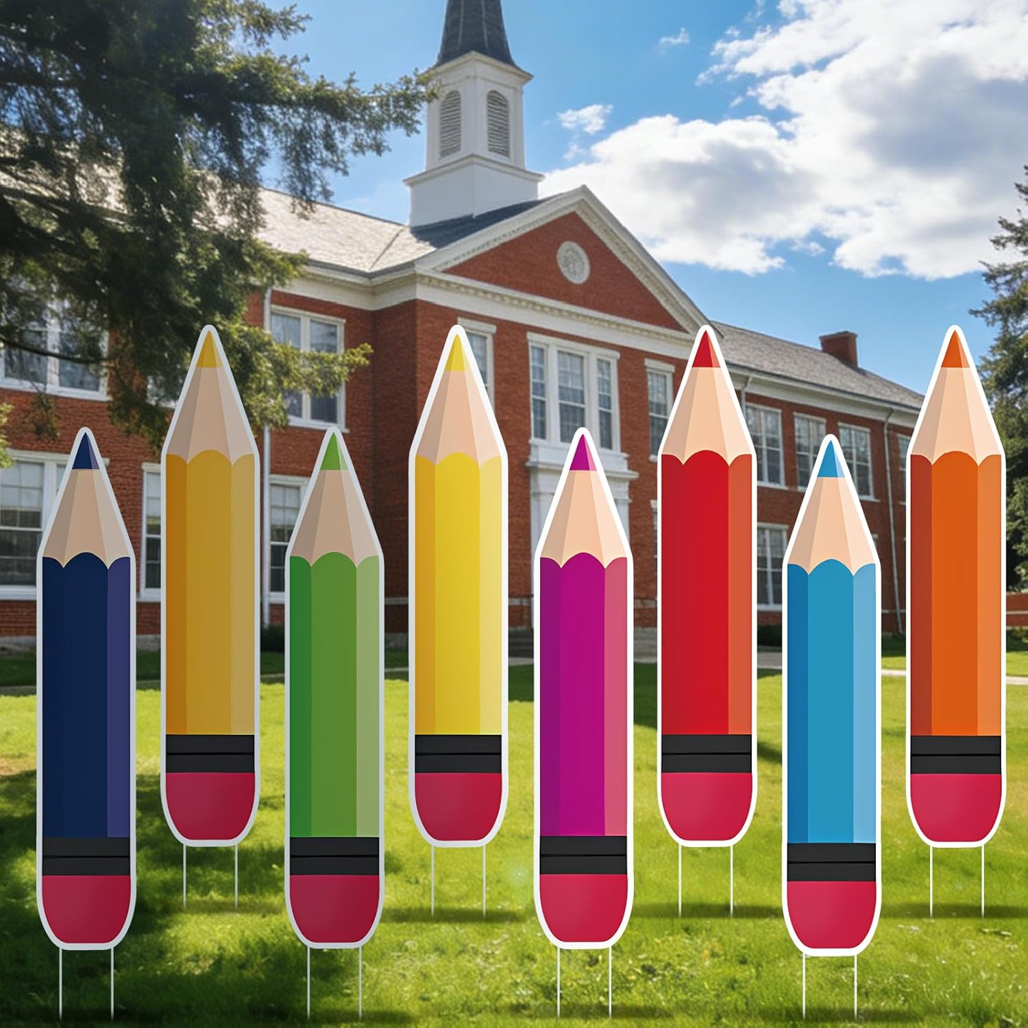 8 Pcs Giant Pencil Yard Signs with Stakes, 31 Inch Colorful Pencil Outdoor Lawn Decorations for End of School Year Teacher Appreciation Classroom Party Back to School Photo Props