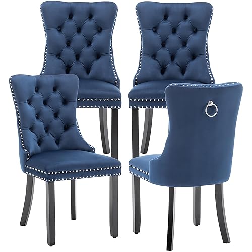 Kiztir Velvet Dining Chairs Set of 4, Upholstered Dining Chair with Nailhead Trim and Solid Wood Legs, Navy Luxury Wingback Dining Side Chair for Living Room, Bedroom, Kitchen (Blue)