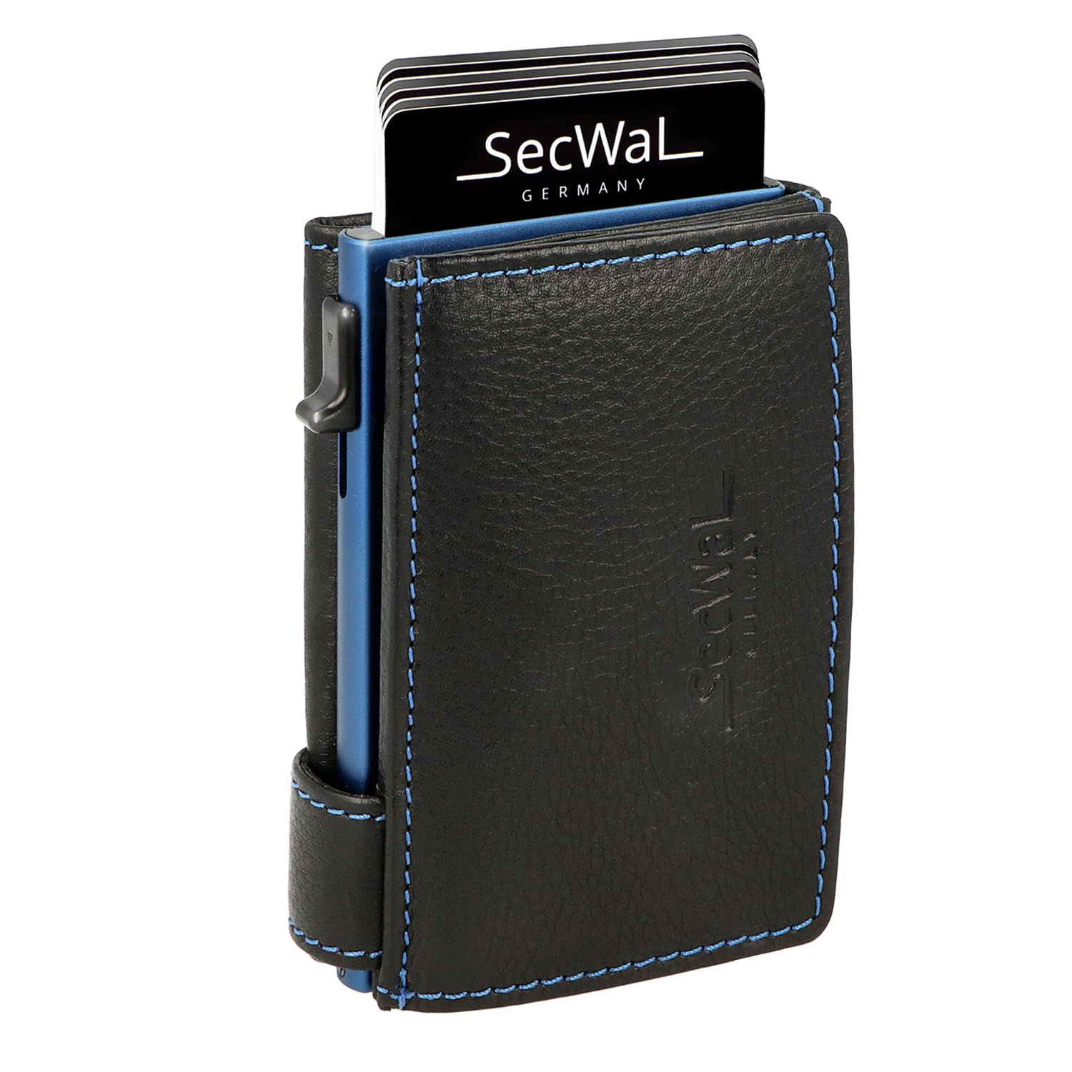 SecWal Kartenetui mit XXL Münzfach Druckknopf inkl. Geschenkbox - Made in Germany - inkl. E-Book für Damen und Herren Blauer Container - RFID Schutz Geldbeutel mit Wiener Schachtel (Schwarz-Blau)