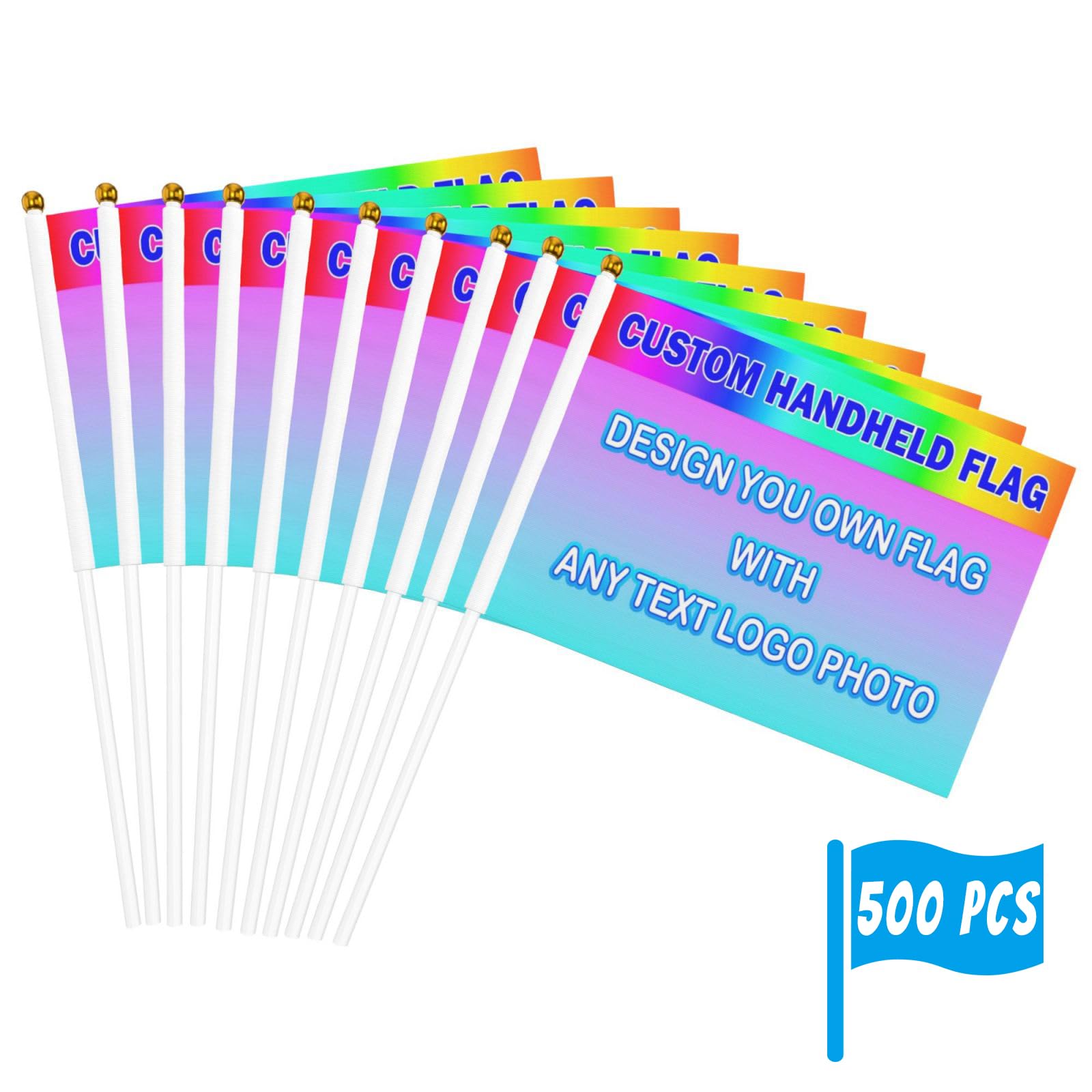 Custom Handheld Mini Flags with Pole | Personalized Your Flag with Photo/Text/Logo | Double-Sided 5x8 Inch Stick Flags for Sport,Events, Parties,Promotions (500)