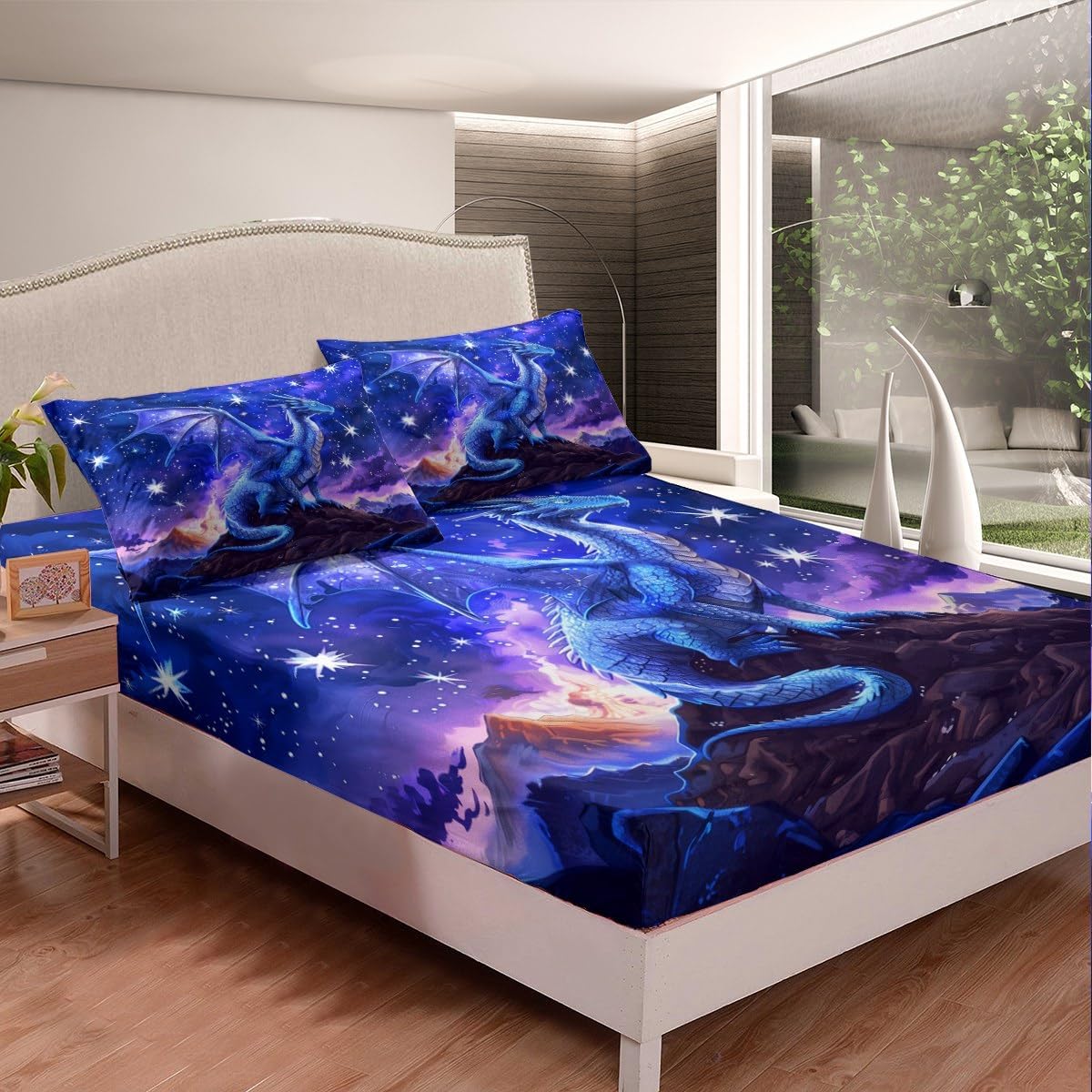 Dragon Top Flat Sheet Queen Size,Starry Sky Mountains Bedding Set for Kids Girls Boys Room Decor,Blue Purple Western Magical Bed Sheet Set 4Pcs,Wild Animal Trippy Deep Pocket Sheet,2 Pillowcases
