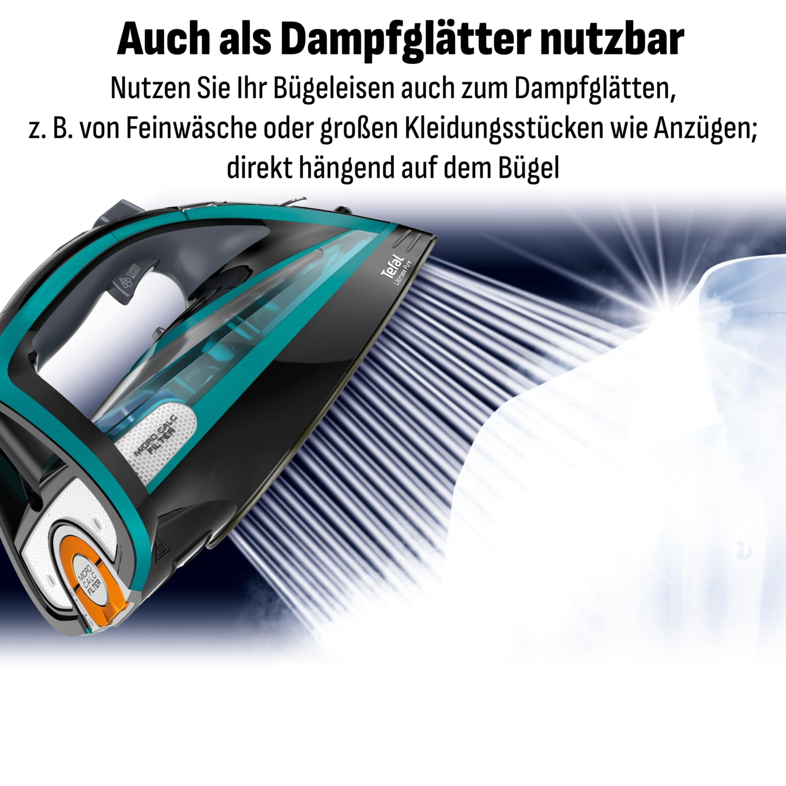 Tefal Dampfbügeleisen Ultimate Pure 3200 W 1,2 kg Micro-Calc-Filter Durilium Airglide Autoclean-Bügelsohle FV9844 schwarz/türkis