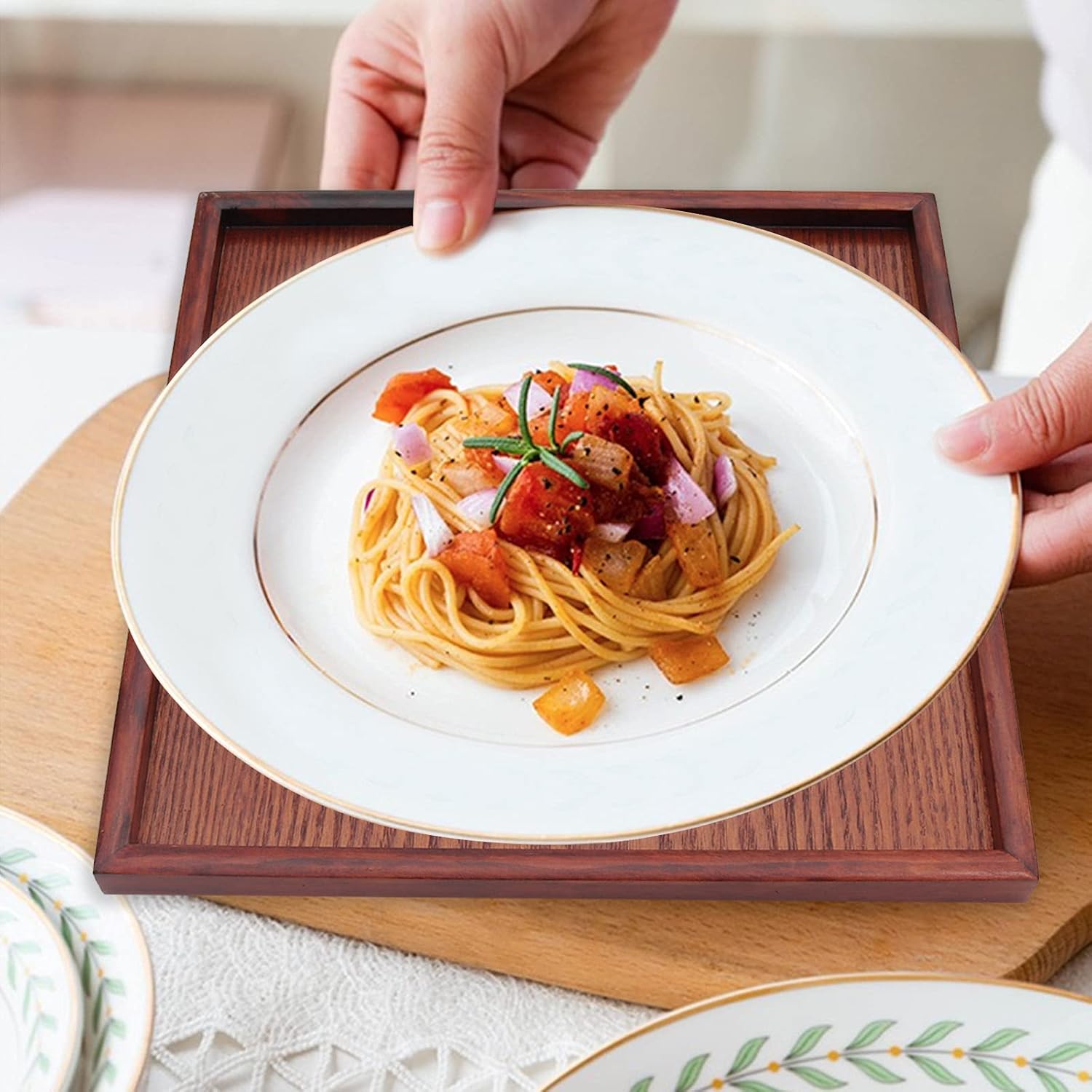 Solid Wood Serving Tray, Square Non-Slip Tea Coffee Snack Plate, Serving Tray with Raised Edges, for Home Kitchen Restaurant - Image 5
