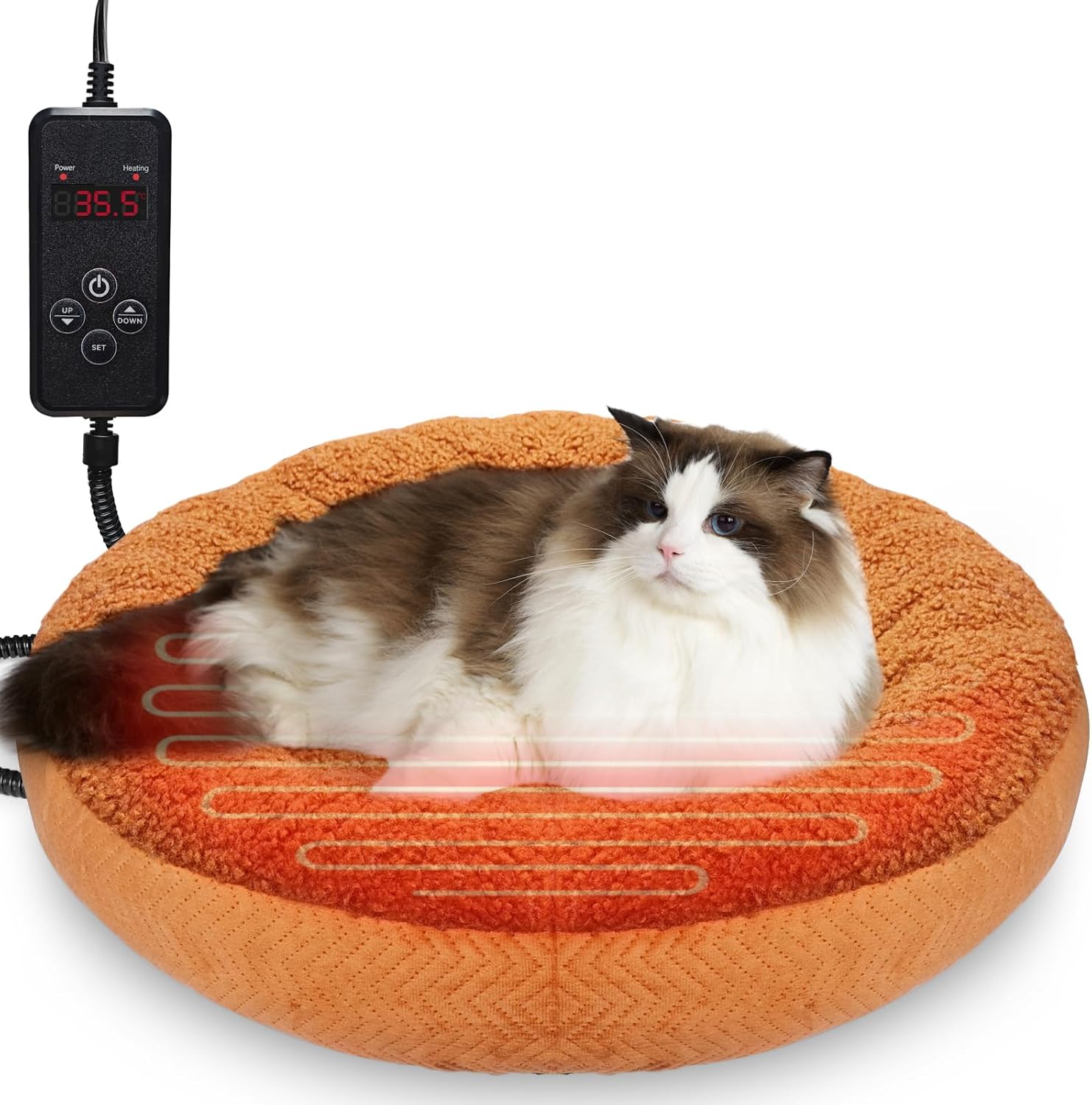 AUPETEK Heated Cat Beds for Indoor Cats Round Warming Cat Beds Super Soft Machine Washable Thermo Kitty Electric Heating Bed （Brown 20 Inches Round）