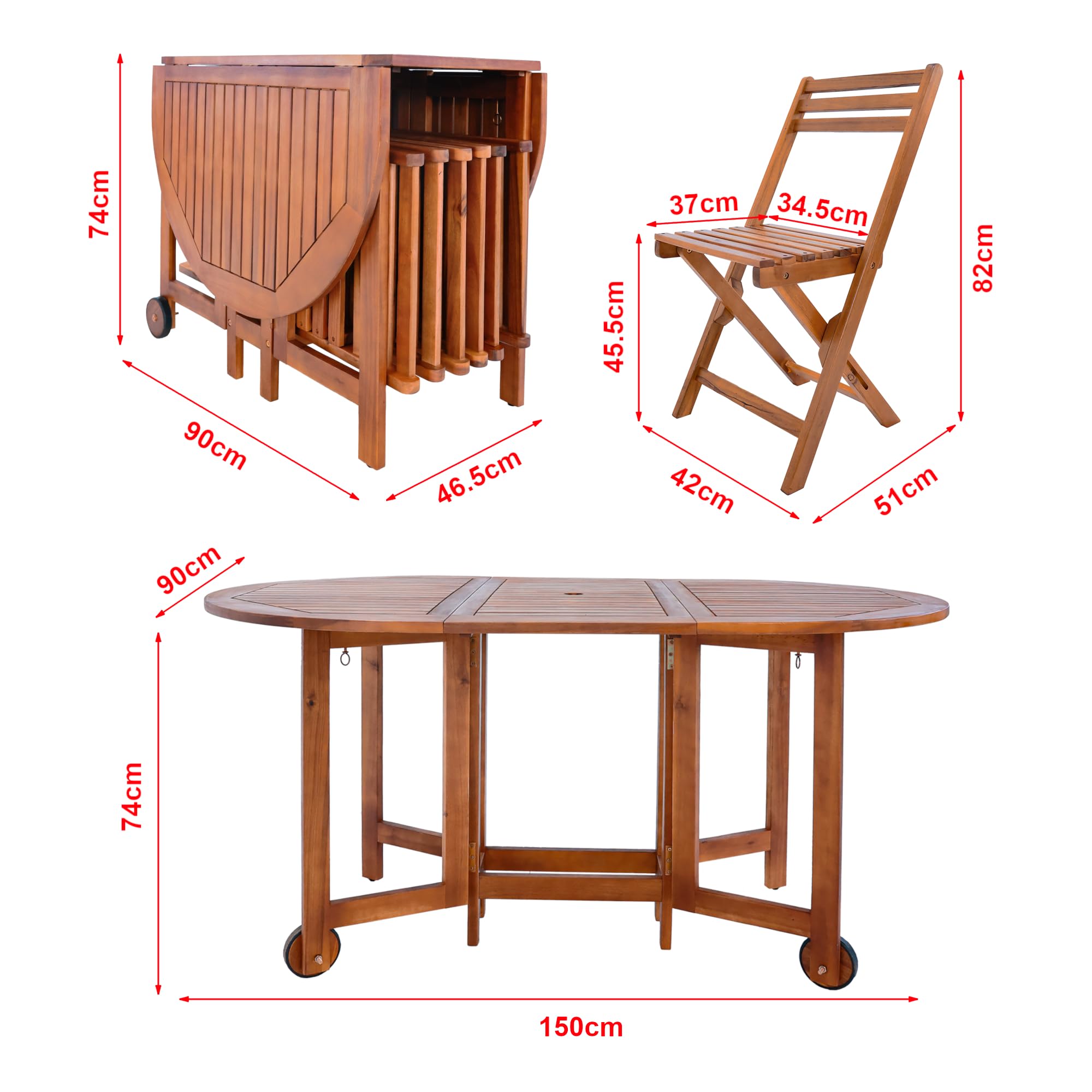 [en.casa] Muebles de Terraza con 1 Mesa de Comedor 6 Sillas Plegables Conjunto de Muebles de Jardin Exterior 7 Piezas con Abertura para Sombrilla Madera de Acacia 74 x 150 x 90 cm - Natural