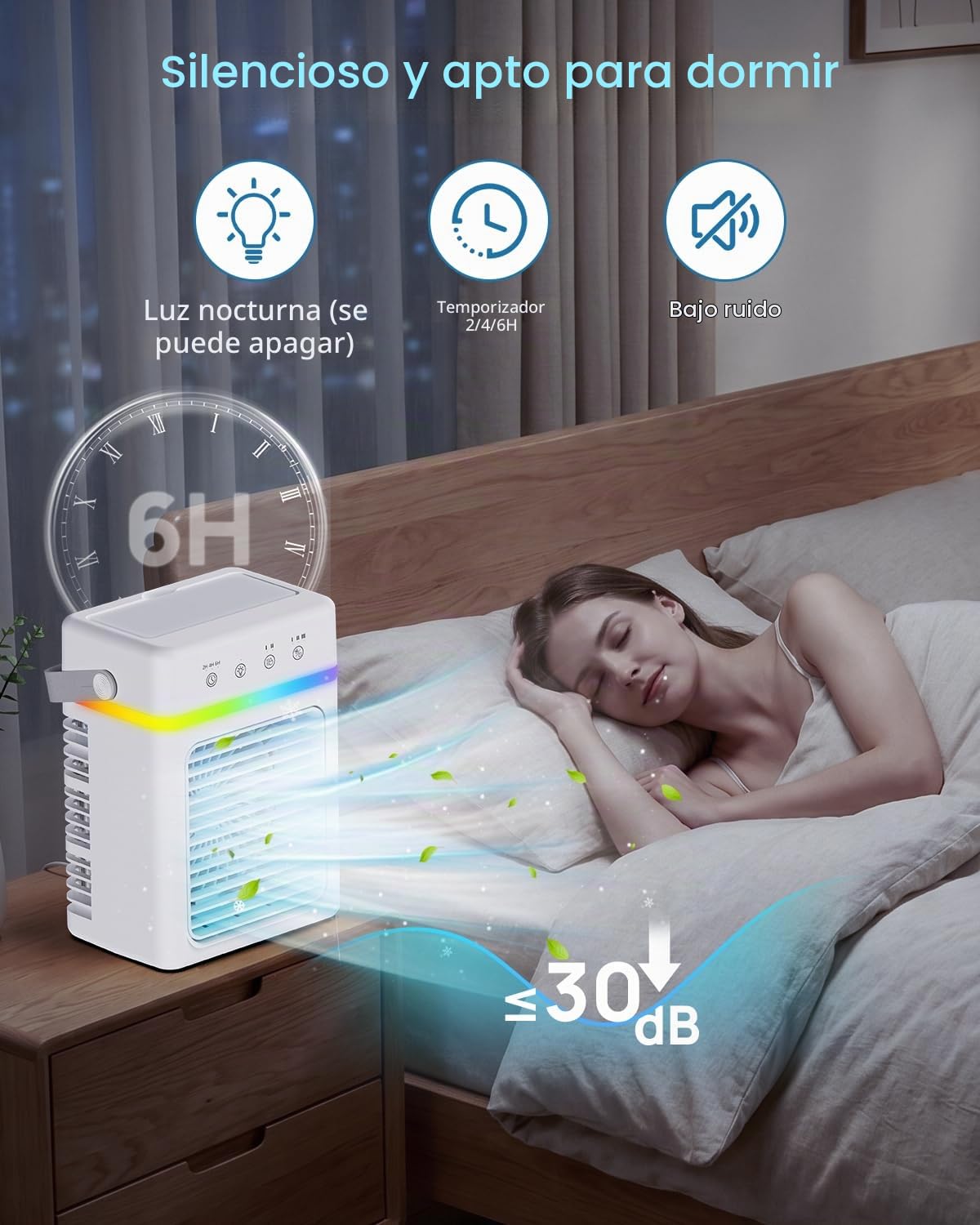 Mini Aire Acondicionado Portatil 3 en 1, Enfriador de Aire 900ML con 3 Velocidades de Aire, 3 Niveles de Neblina, Temporizador 2/4/6H, Luz de Ambiente, USB 10W, Ideal para Habitación, Oficina y Viajes