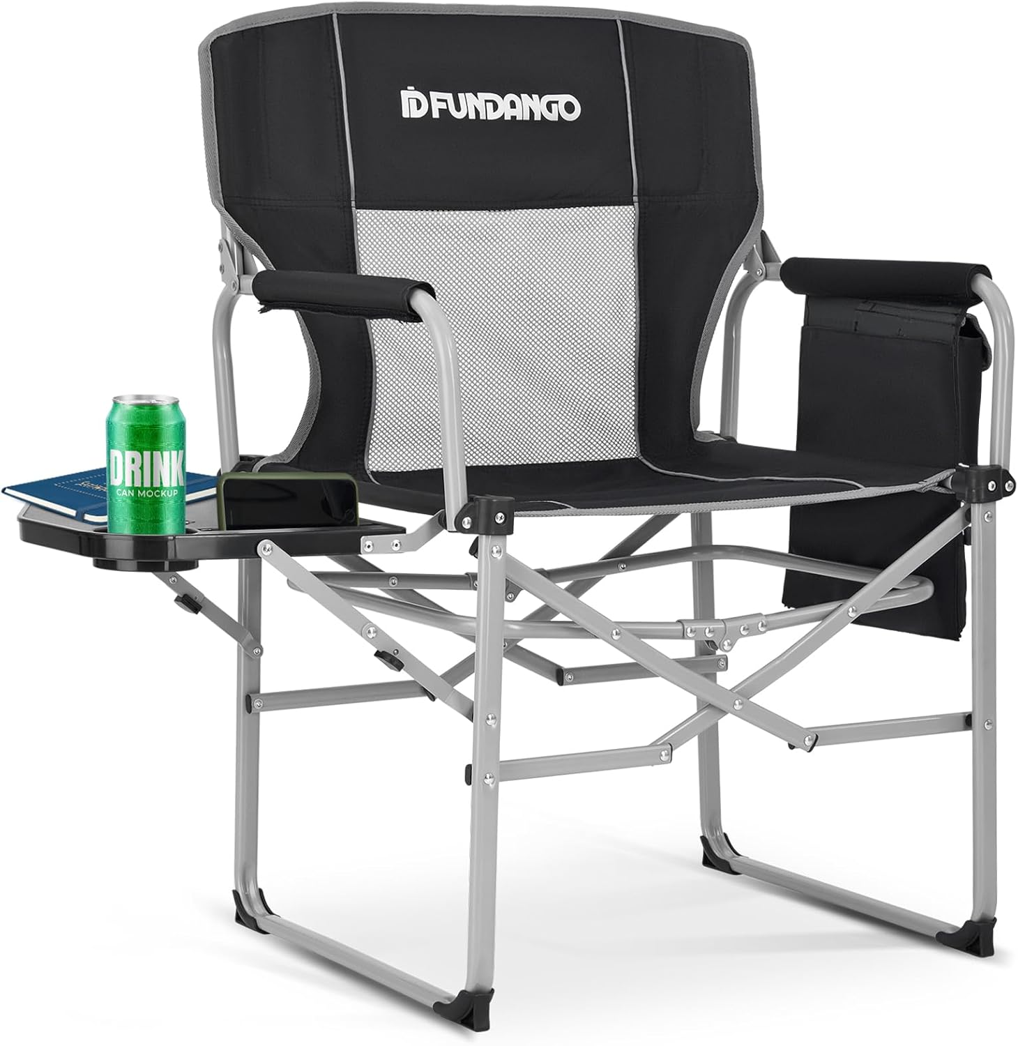 FUNDANGO Rocking Camping Chair for Adults, Oversized Portable Rocking Chair Outdoor Folding with Cooler and Side Pocket for Outside, Backyard, Patio, Lawn, Garden Black
