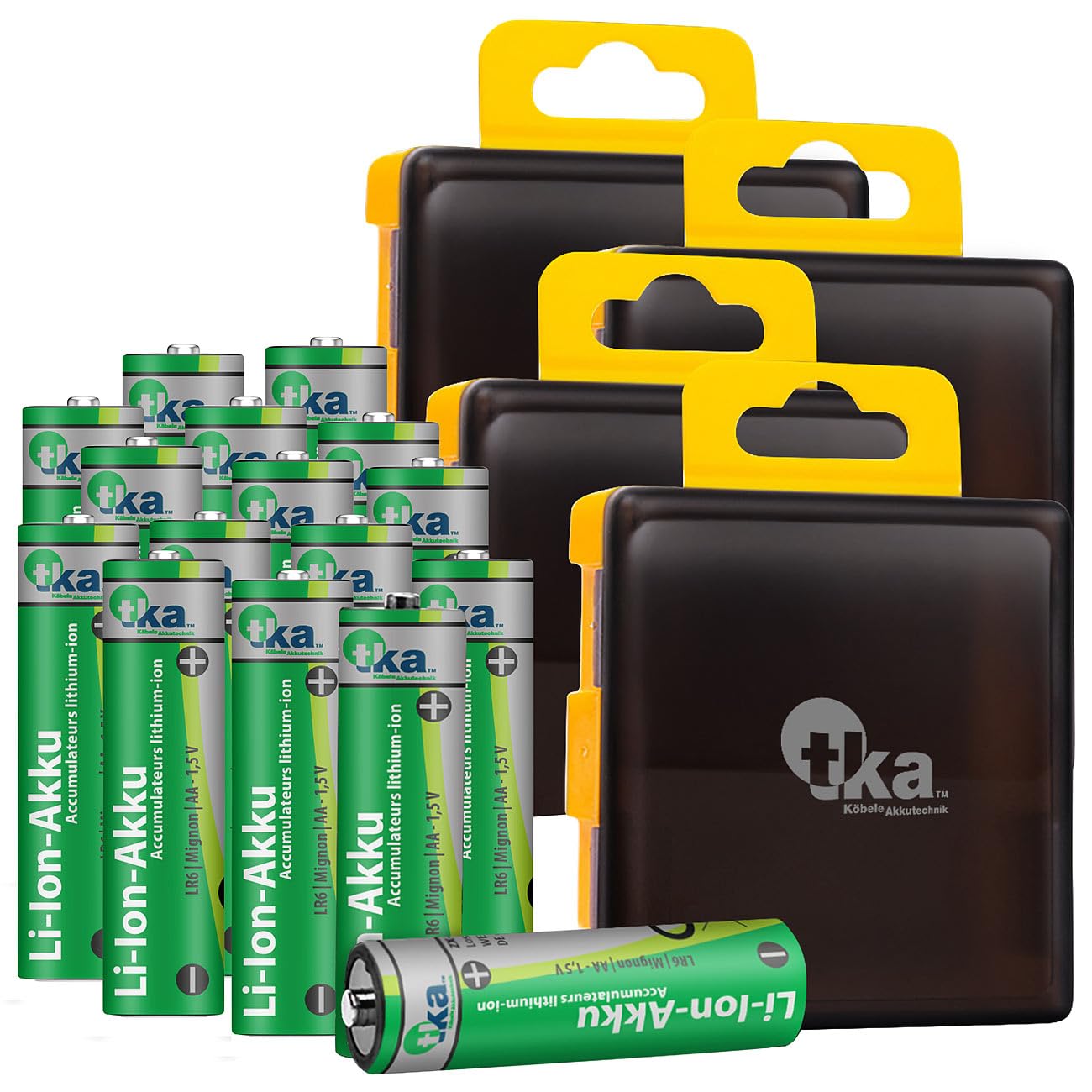 tka Köbele Akkutechnik Universal AA Akku: 16er-Set Li-Ion-Akkus Typ AA/Mignon, 3600 mWh, wiederaufladbar, 1,5V (hohe Kapazität, Li-Ion 1,5V, RC)