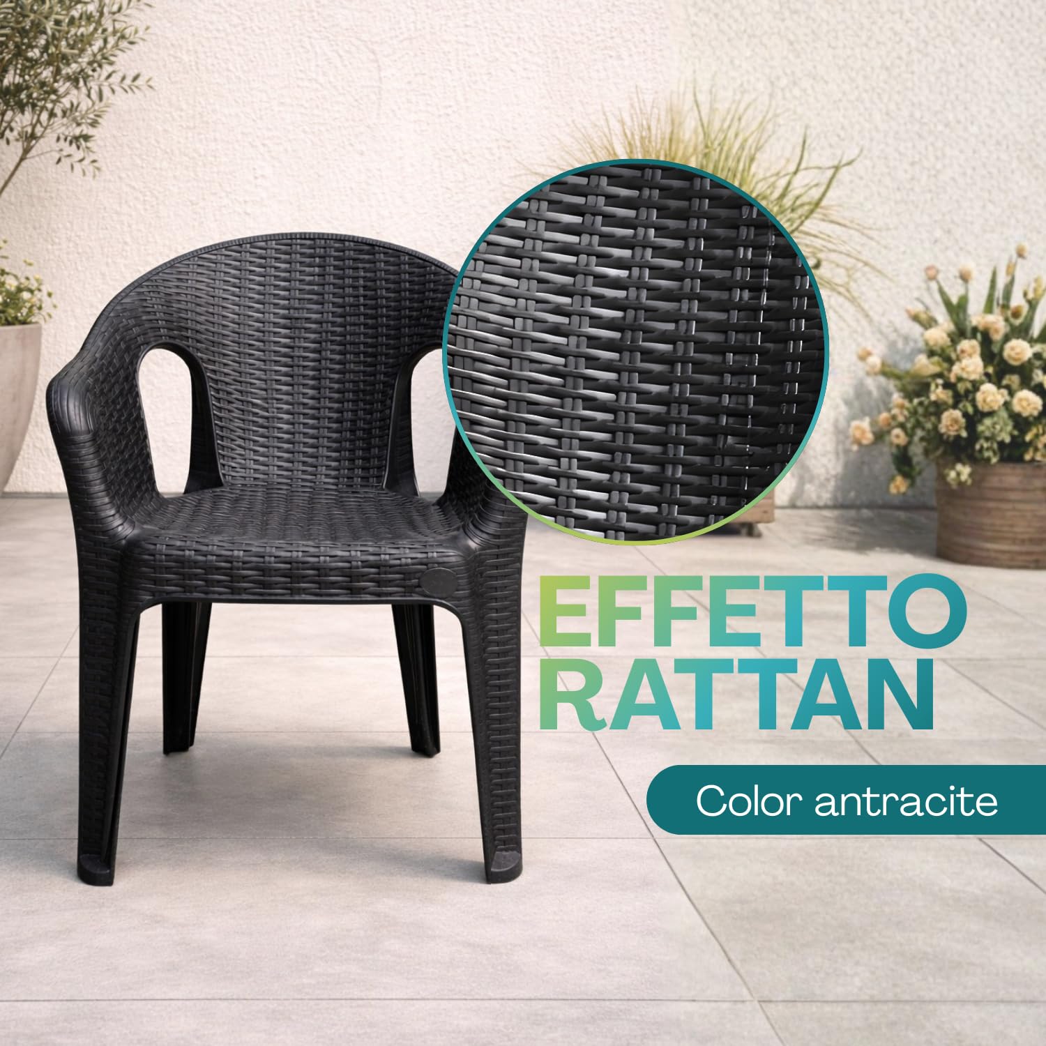 PALUPLUS Set 6 Sedie da Giardino in Polipropilene effetto Rattan colore Antracite, misura 56x47x81 cm, Sedia Impilabile, Schienale Basso e Braccioli per Esterno ed Interno, Portata 120 Kg -2622F -22