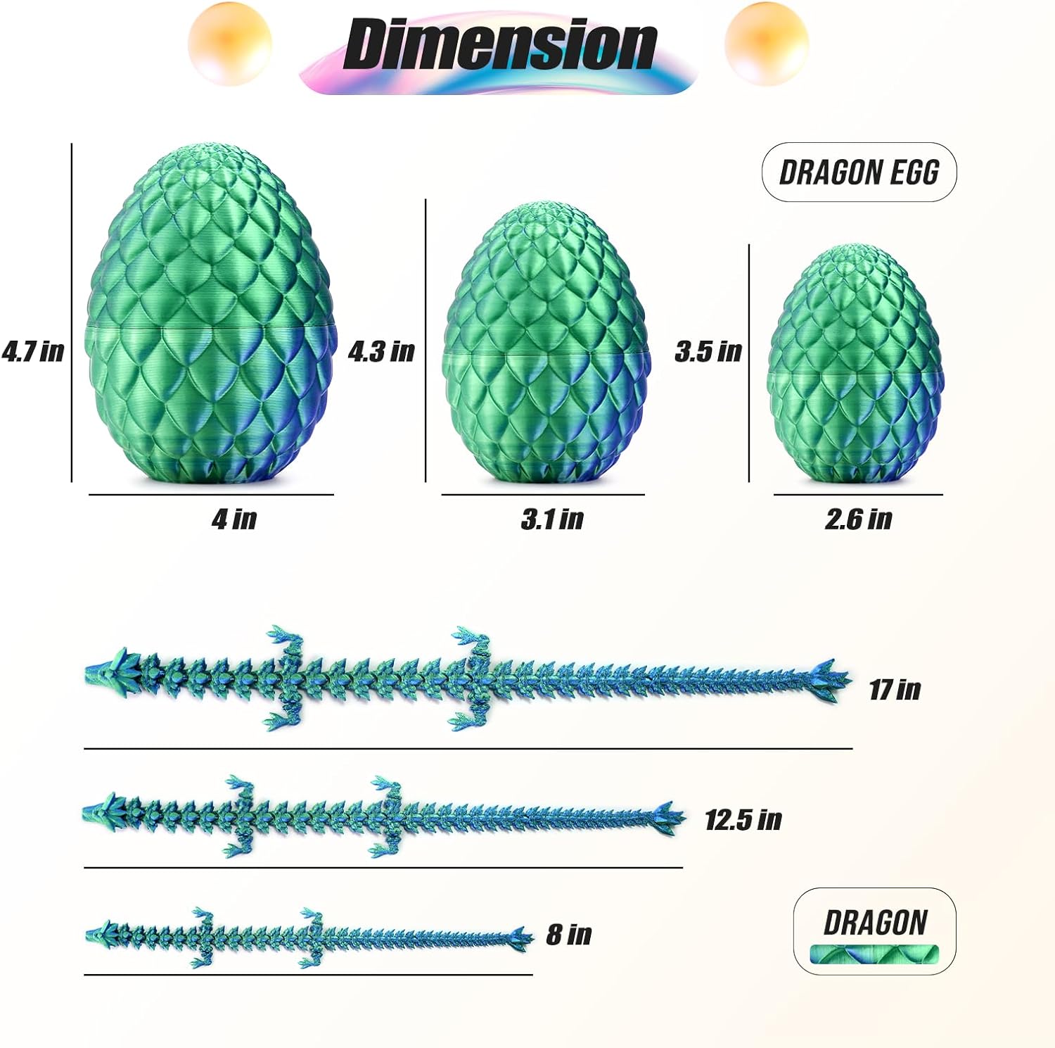 3D Printed Dragon,Mystery Easter Crystal 3D Dragon Egg,Dragon Eggs with Dragon Inside,3D Printed Animals Fidget Desk Decor (Blue Green, 12.5in)