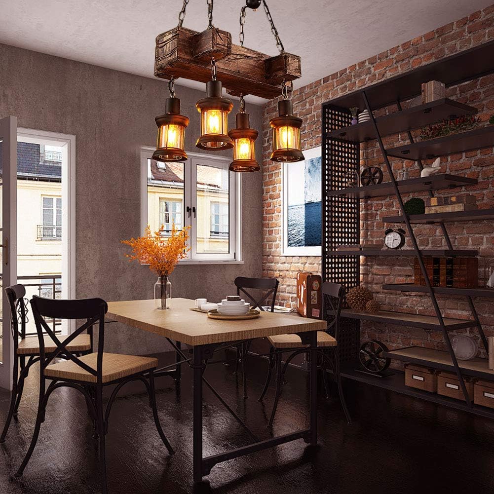 Farmhouse Lighting Industrial Rustic Wood Linear Island Pendant Light Chandelier Lighting Hanging Ceiling Fixture 4-Lights for Coffee Shop Restaurant