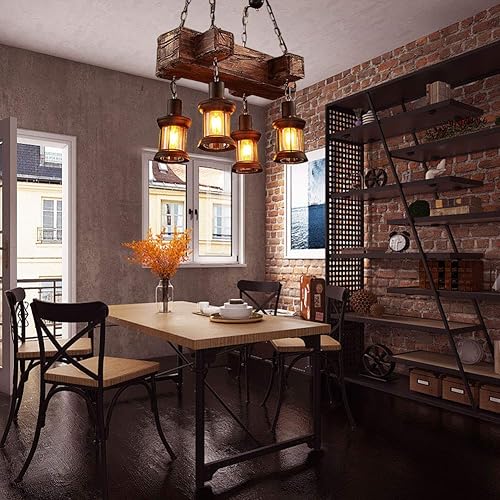 Miniatura 3 de Lámpara colgante colgante de madera vintage industrial Retro Loft Lantern Candelabro 4 luces de suspensión para cafetería, restaurante (1)