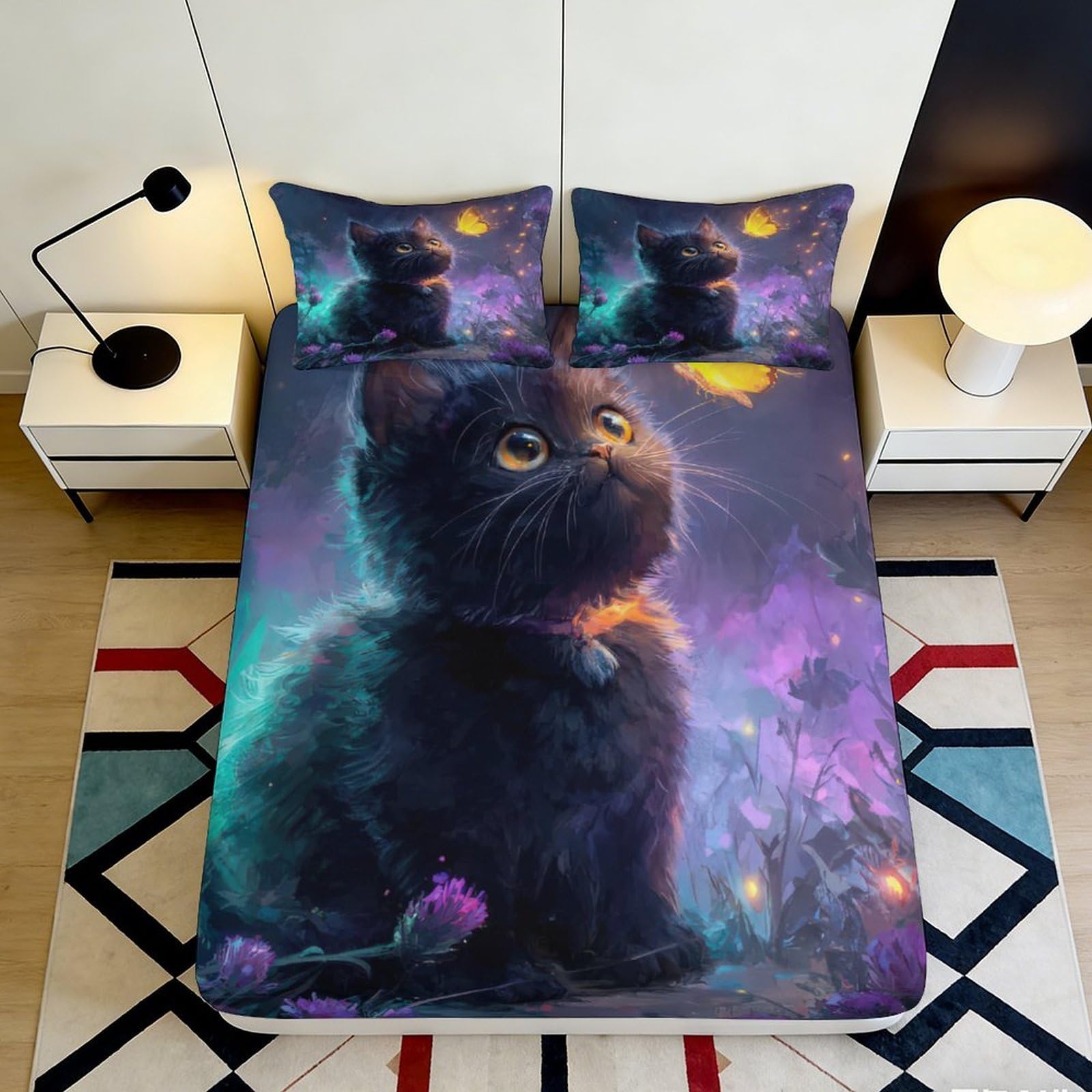 Jqzkxnhpbr Style-9 3D Printed Black Cat Galaxy Fitted Sheet Microfiber Soft Breathable Nebula Mattress Cover For Bedroom Decor 90X200x25cm