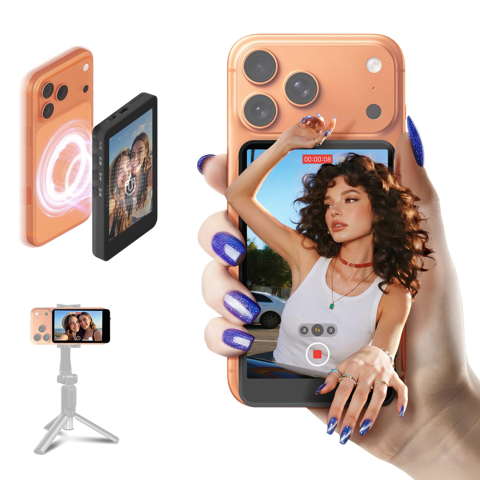 SYNCO XView Écran Moniteur Selfie pour iPhone 7-17 & Android (Noir) | Sans Fil 50m, Batterie 3H, Support 1080p, Latence 40ms, Retour Caméra Arrière, Haut-Parleur Intégré pour Vlog & YouTube