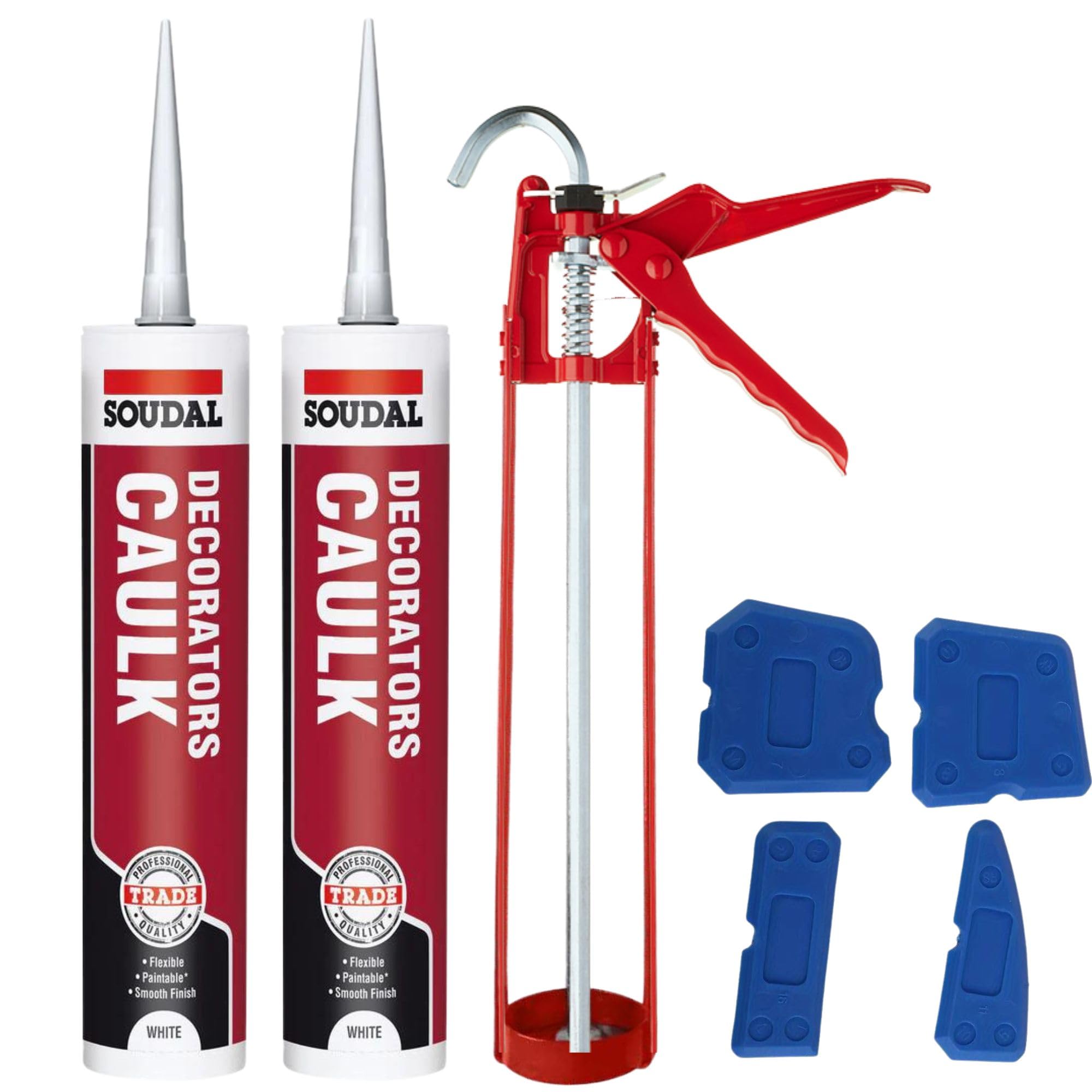 Decorators Caulk White Set - Bundle With Sealant Gun, Silicone Tool Smoothing Set And Soudal White Caulk Gap And Crack Filler Acrylic Silicone Adhesive Sealant