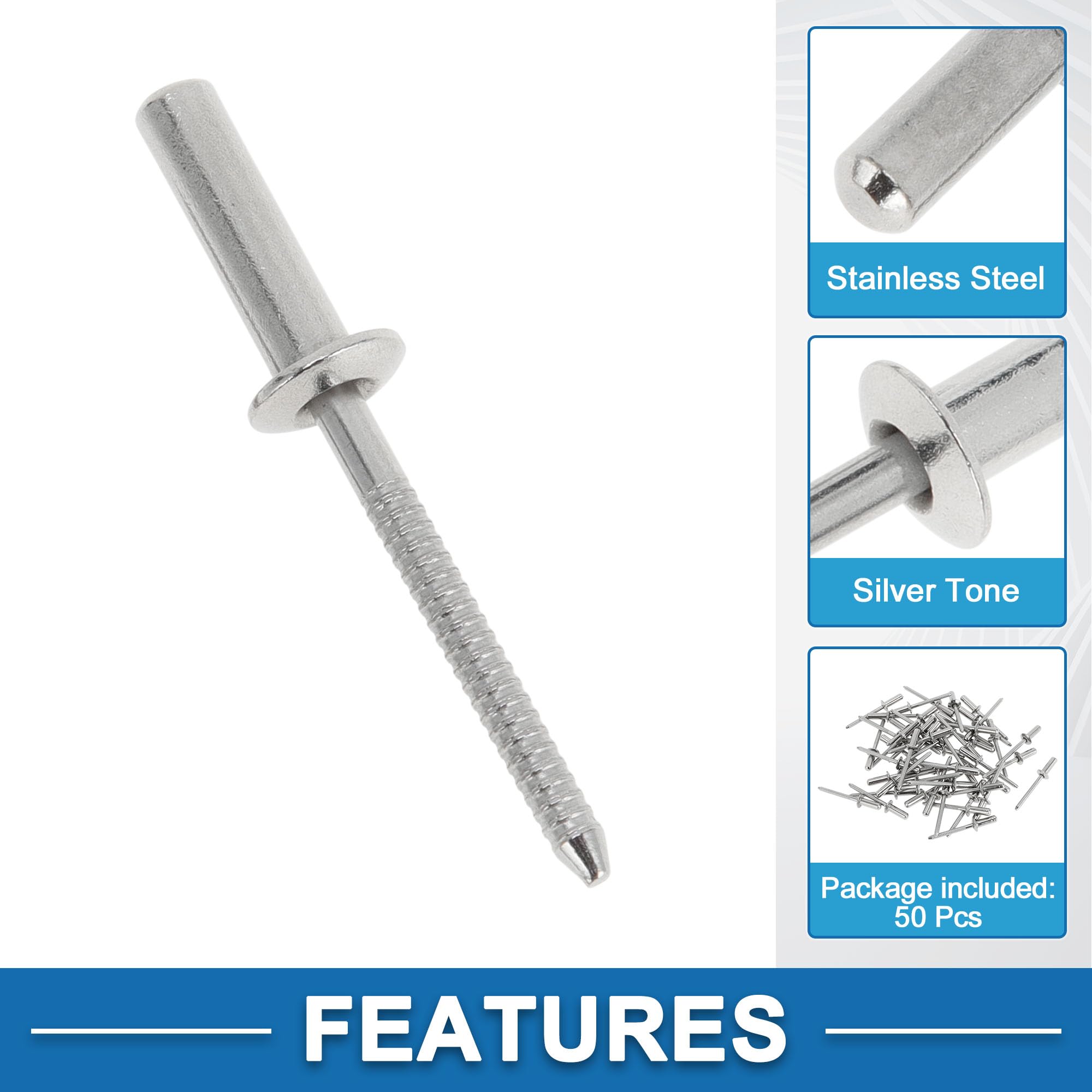 A ABSOPRO Dome Head Closed Sealing Rivets 4.8mm Grip Diameter 18mm Grip Length 9.5mm Flange Diameter Stainless Steel Silver Tone 50 Pcs - Image 4
