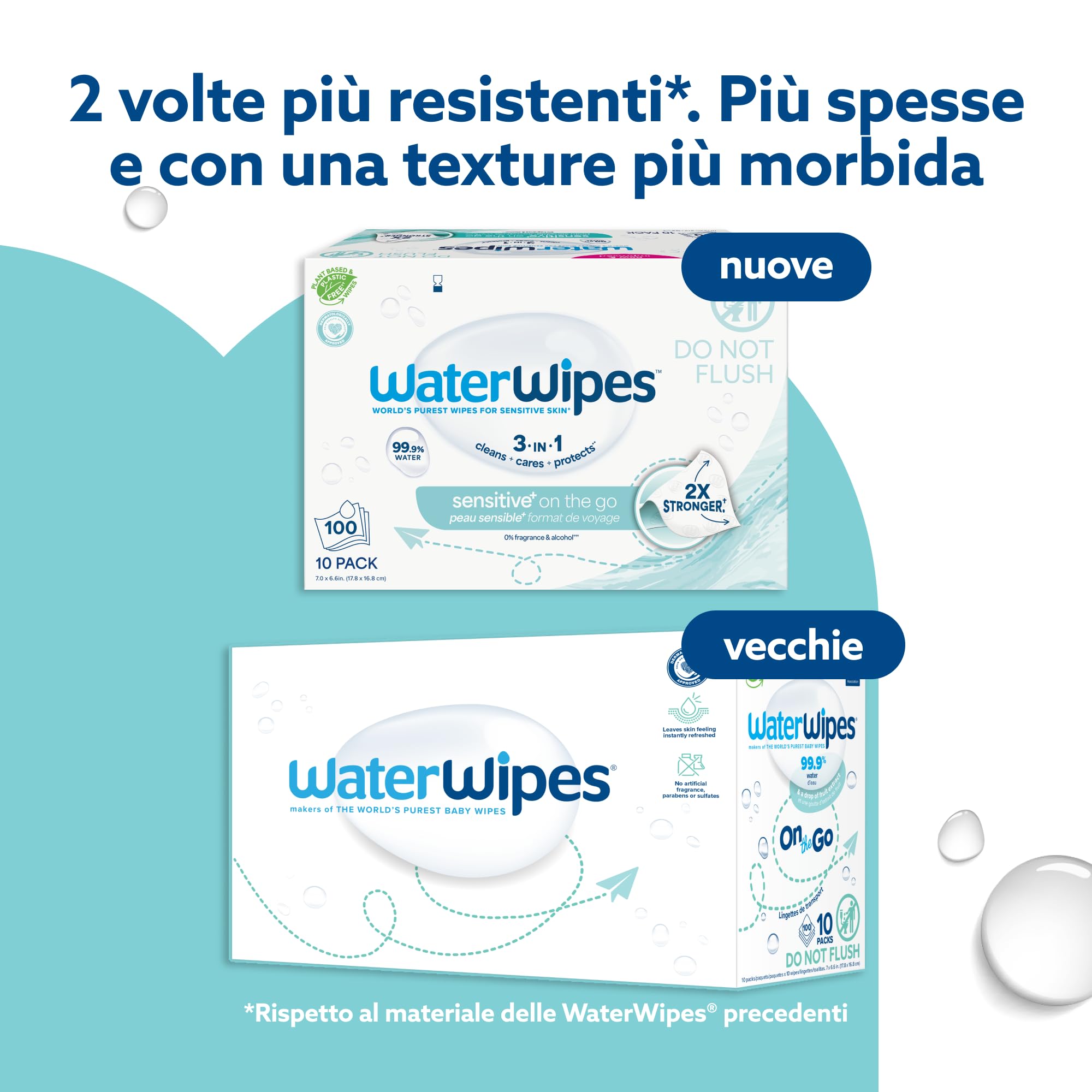 WaterWipes Sensitive+ On The Go Wipes, Salviettine On the Go, 100 Pezzi (10 Confezioni), Deterge, Cura, Protegge, 99,9% Acqua, Salviette Umidificate Senza Profumo
