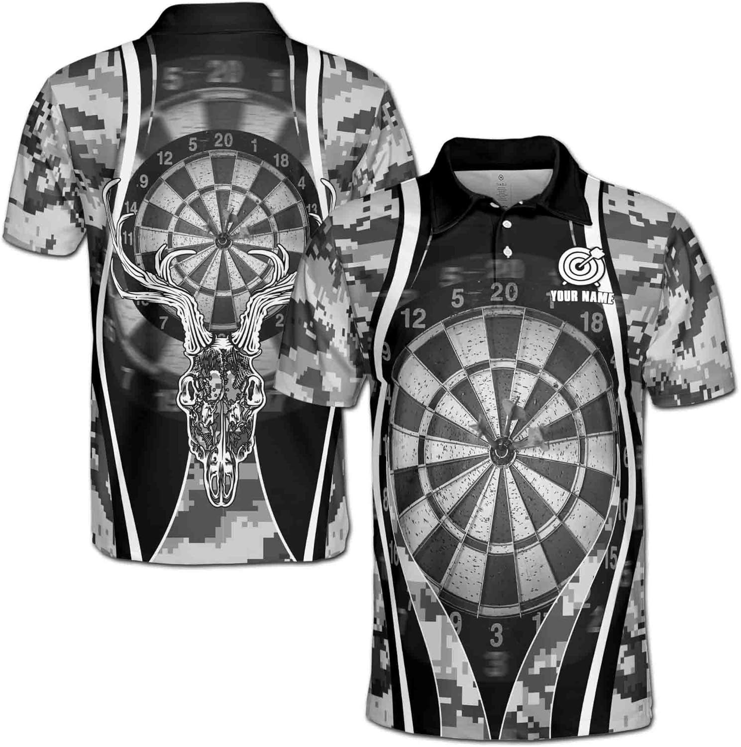 Custom Name Grunge Gray Pixel Pattern Darts and Deer Polo Men's Polo Shirt S-5XL