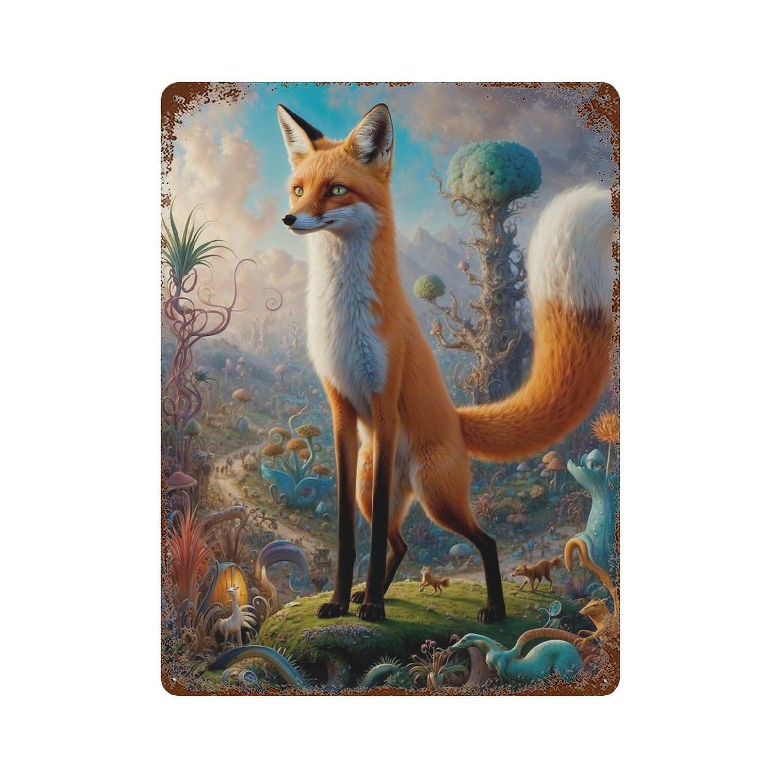 Mystical Fox Encounters Rusty Metal Tin Sign 15.7"x11.8", for Farmhouse, Kitchen And Entryway Decor, Rustic Home Decor
