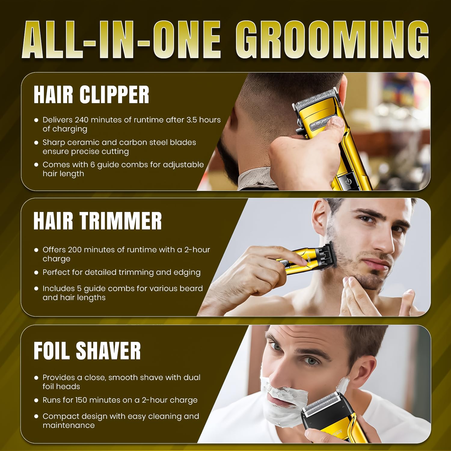 Close-up of the VGR V-694 hair clipper, trimmer, and foil shaver, highlighting their individual functions.
