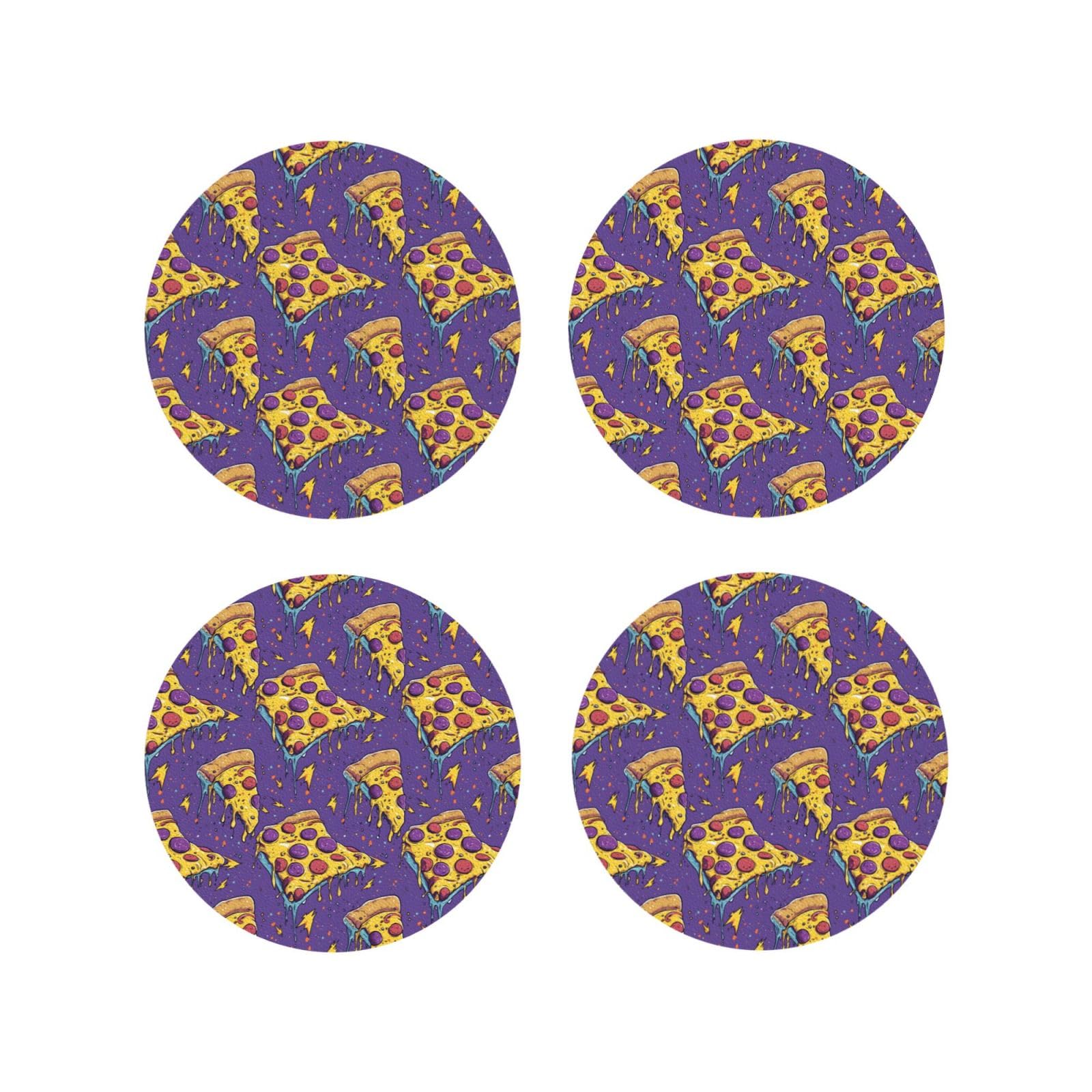 Leather Coasters Set of 4 - Purple Pizza Cartoons Print Lightweight Drink Coasters for Desk