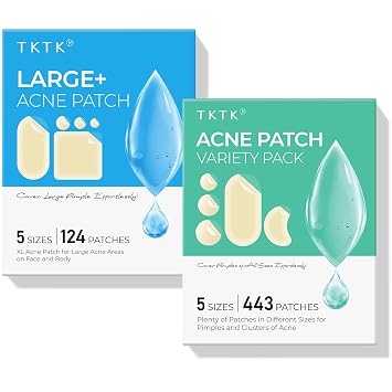 TKTK XL Hydrocolloid Pimple Patches 124 Count + Acne Patches for Face 443 Count, 6 Sizes Pimple Patch Bulk Face & Body, Odorless Acne Stickers