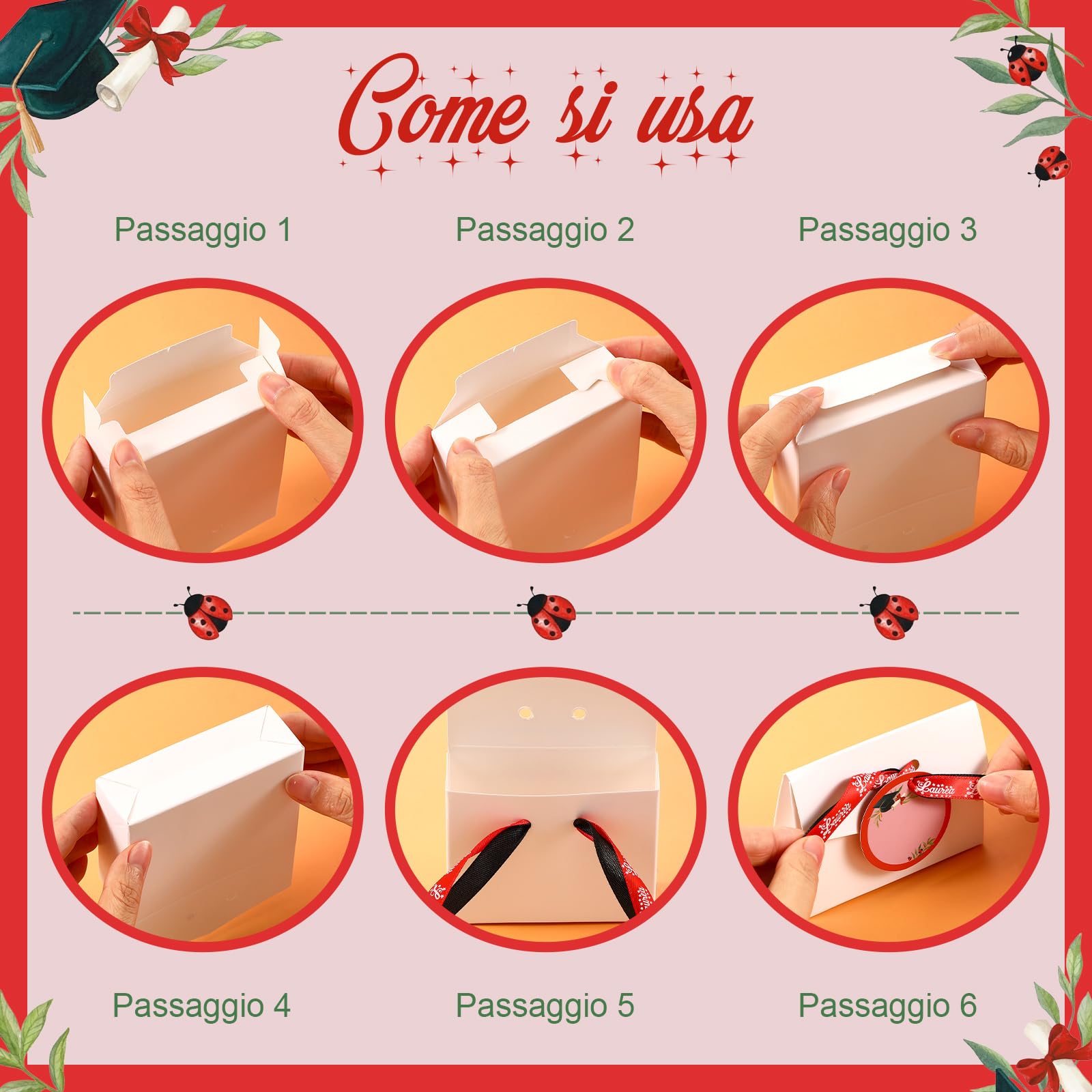 BBTO Bomboniere Laurea 30 Sets di Regalo Laurea Include Portachiavi Coccinella Portafortuna Scatoline Portaconfetti Nastro Rosso e Nastro Nero Bigliettini Bomboniere Fai-da-Te