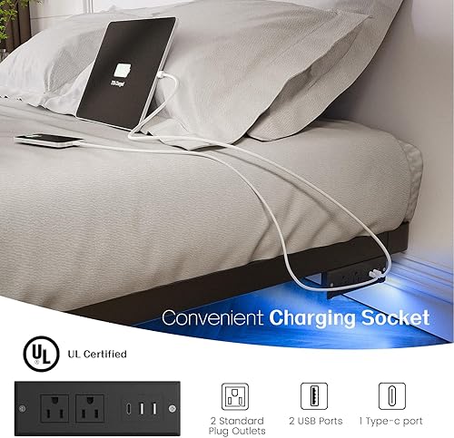 Miniatura 4 de OLEVS Base de cama flotante de tamaño matrimonial con luces LED inteligentes y estación de carga, cama moderna de plataforma de metal, fácil