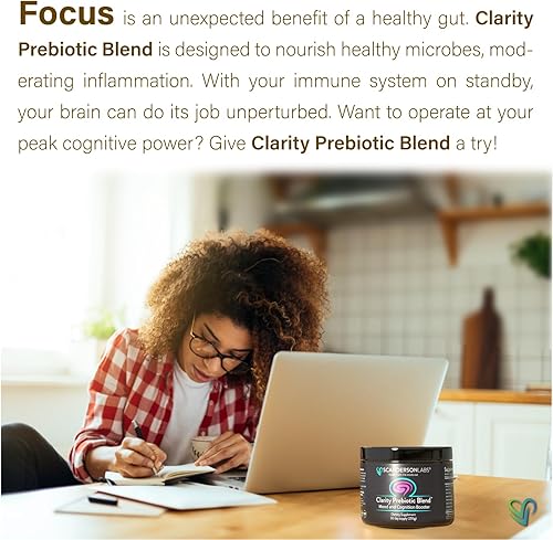 Miniatura 7 de Clarity Mezcla prebiótica – Optimiza el intestino y el estado de ánimo a través del eje intestino-cerebro – suministro para un mes – Fácil de usar,