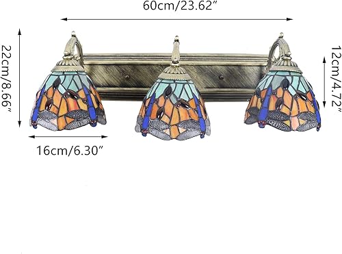 Miniatura 2 de Tiffany - Aplique de pared victoriano con diseño de libélula artesanal, pantalla de cristal colorido de 3 cabezales, lámpara de pared de 23.6