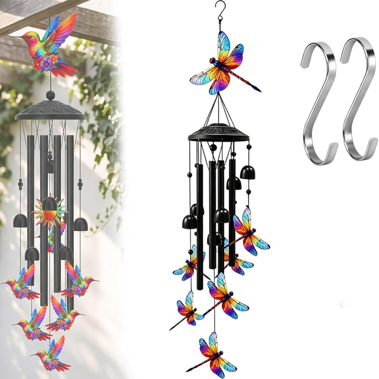 Vintage Colourful Hummingbird Wind Chime with Metal Tubes and Bells, Hummingbird Wind Chimes for Outside, Outdoor Garden Hanging Decor for Yard Balcony Window Home (Dragonfly)