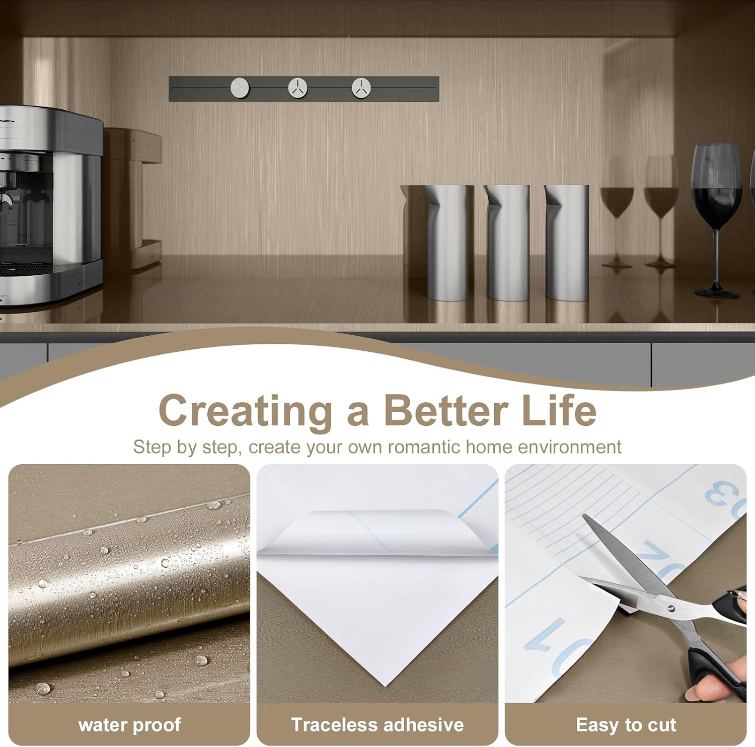 Stainless Steel Contact Paper 15.7"x 196" Thickened Gold Metallic Peel and Stick Wallpaper for Appliances Decorative Self Adhesive Stainless Steel Contact Paper for Fridge Kitchen Dishwasher Cabinets