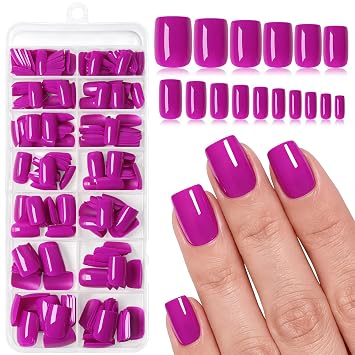Purple Press on Nails Short Square Fake Nails, 256pcs Acrylic Nails Press ons False Nails Short Press on Nails Square Glue on Nail with Adhesive Tab for Women Girls, 16 Sizes