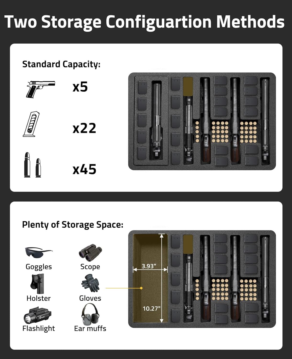 CVLIFE Pistol Case, Built-In Lock TSA Gun Case for 5 Pistol Case, 22 Magazines, 45 Bullets, Waterproof, Shock-Proof TSA Approved Firearm Travel Case with Desiccant