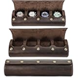 CataPurus Top Grain Genuine Leather 4-Watches Roll Organizer for Man & Woman, Solid Vintage Design for Watches/Bracelets, Fully Handmade, Large Capacity for Traveling & Display, Dark Coffee, 4 Slots