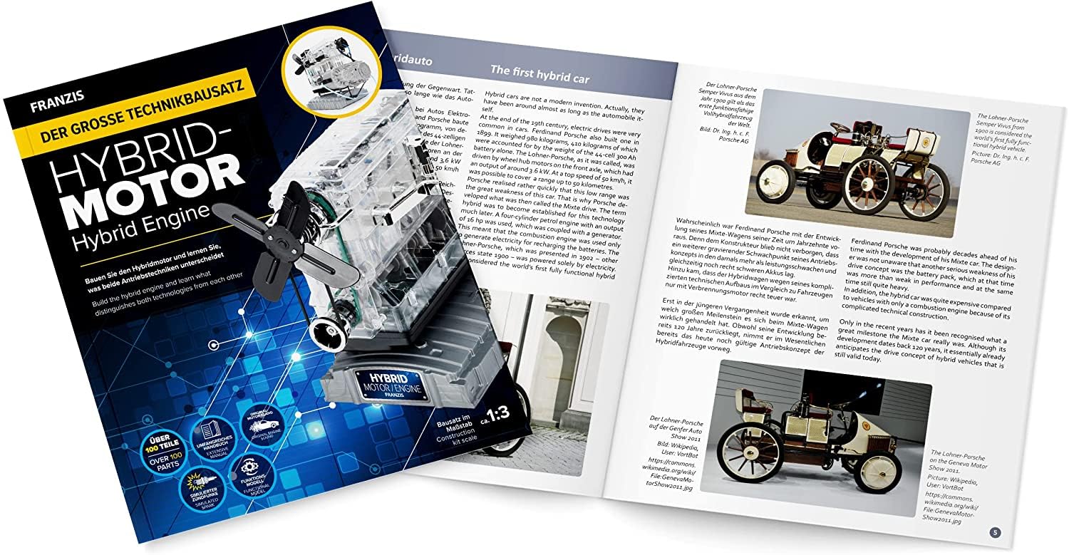 Franzis 67157-Der große Technikbausatz Hybridmotor, originalgetreuer Motorbausatz im Maßstab 1:3, inkl. Soundmodul und 86-seitigem Begleitbuch, Transparent, Mehrfarbig