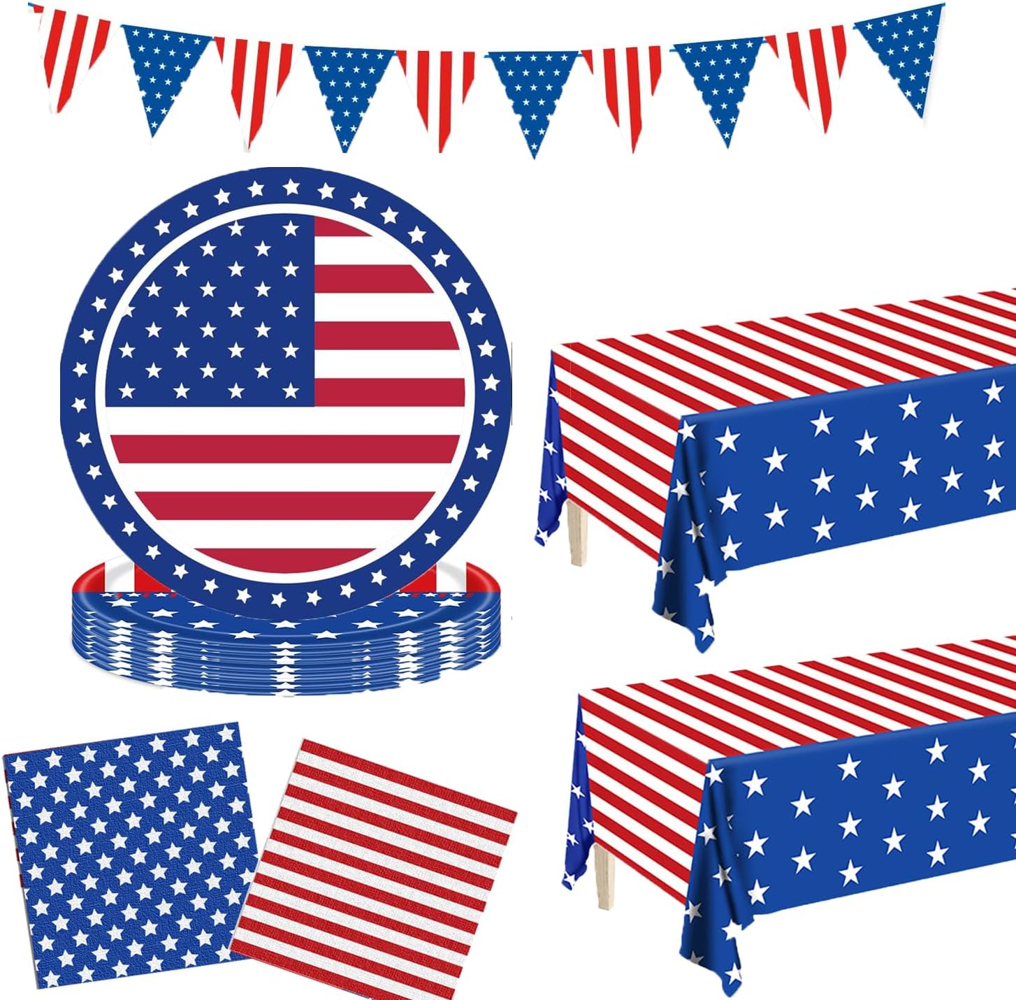 American Flag Patriotic Party Supplies, 4th of July Patriotic Party Decorations, American Flag Plates and Napkins, Tablecloths, Banner, Red White Blue Decor Sets, Independence Memorial Day Serve 30
