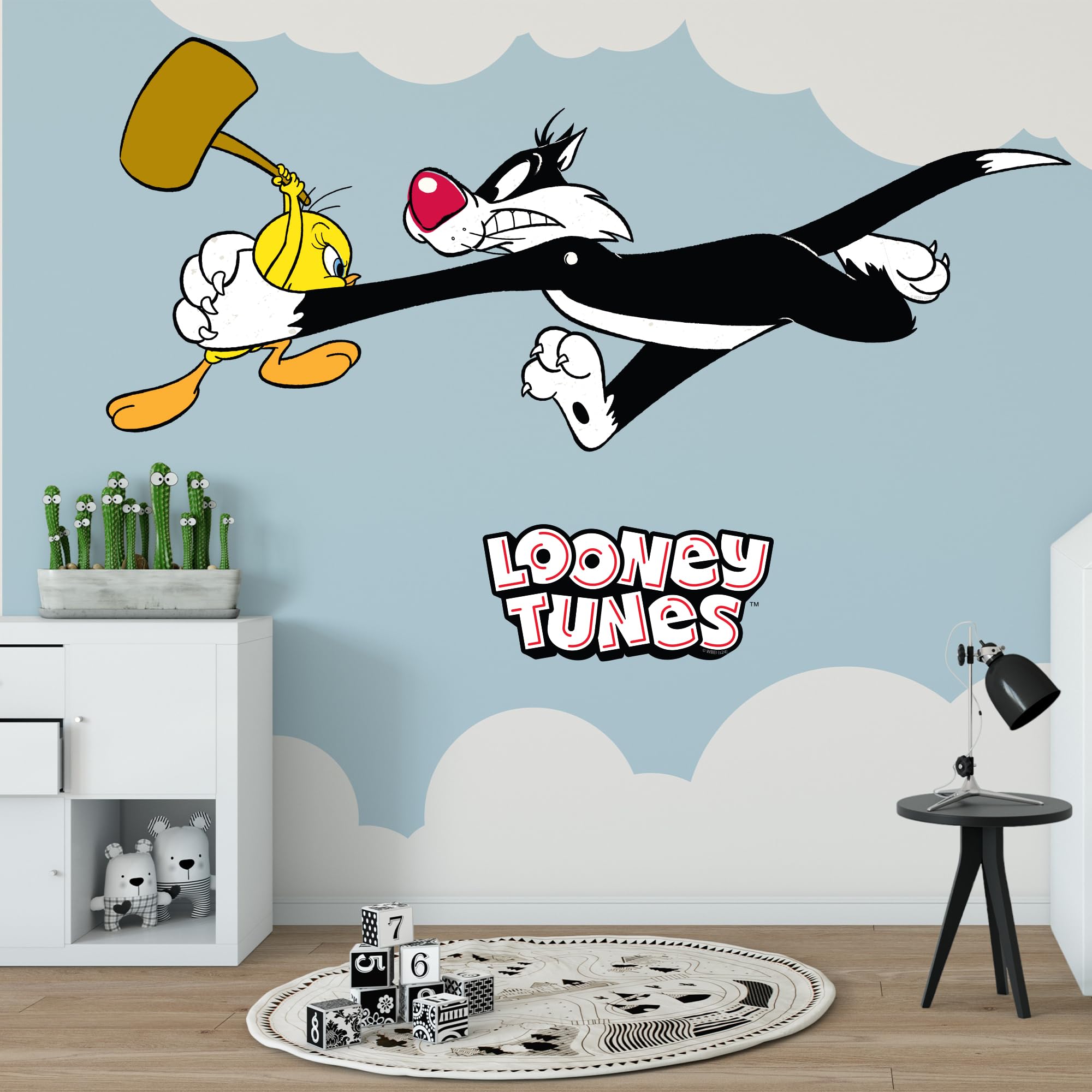 Themed Blue Looney Tunes Wall Sticker - Sylvester And Tweety With Hammer Wall Decal Art (90Cm Width X 40Cm Height)
