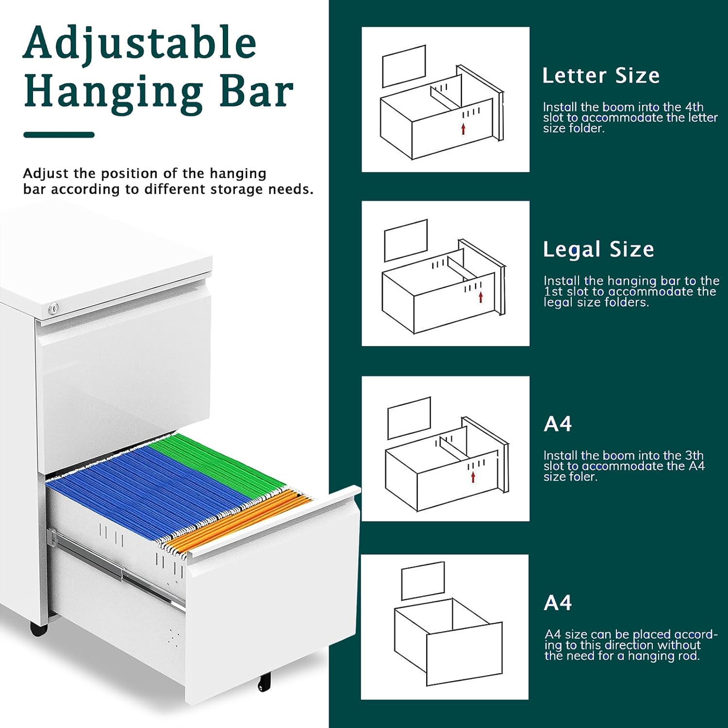 2 Drawer Mobile File Cabinet with Lock and Wheel, Anti-tilt Design Metal Vertical Filing Cabinet, Rolling Desk Filing Cabinet fits Letter/Legal Size for Home Office (White)